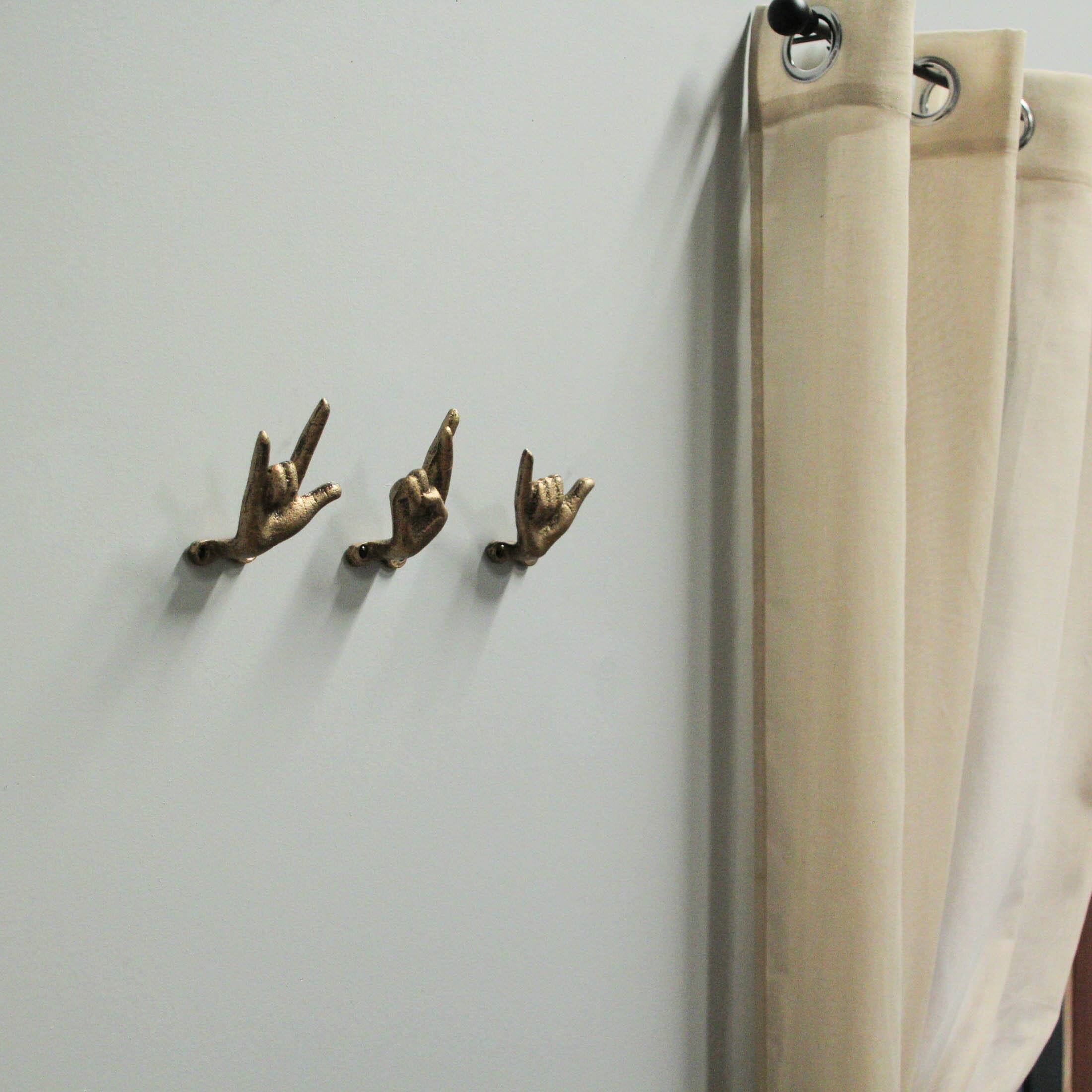 Alt View 3. Zeckos - Set of 3 Antique Gold Cast Iron Hand Gesture Wall Hooks - Yellow.