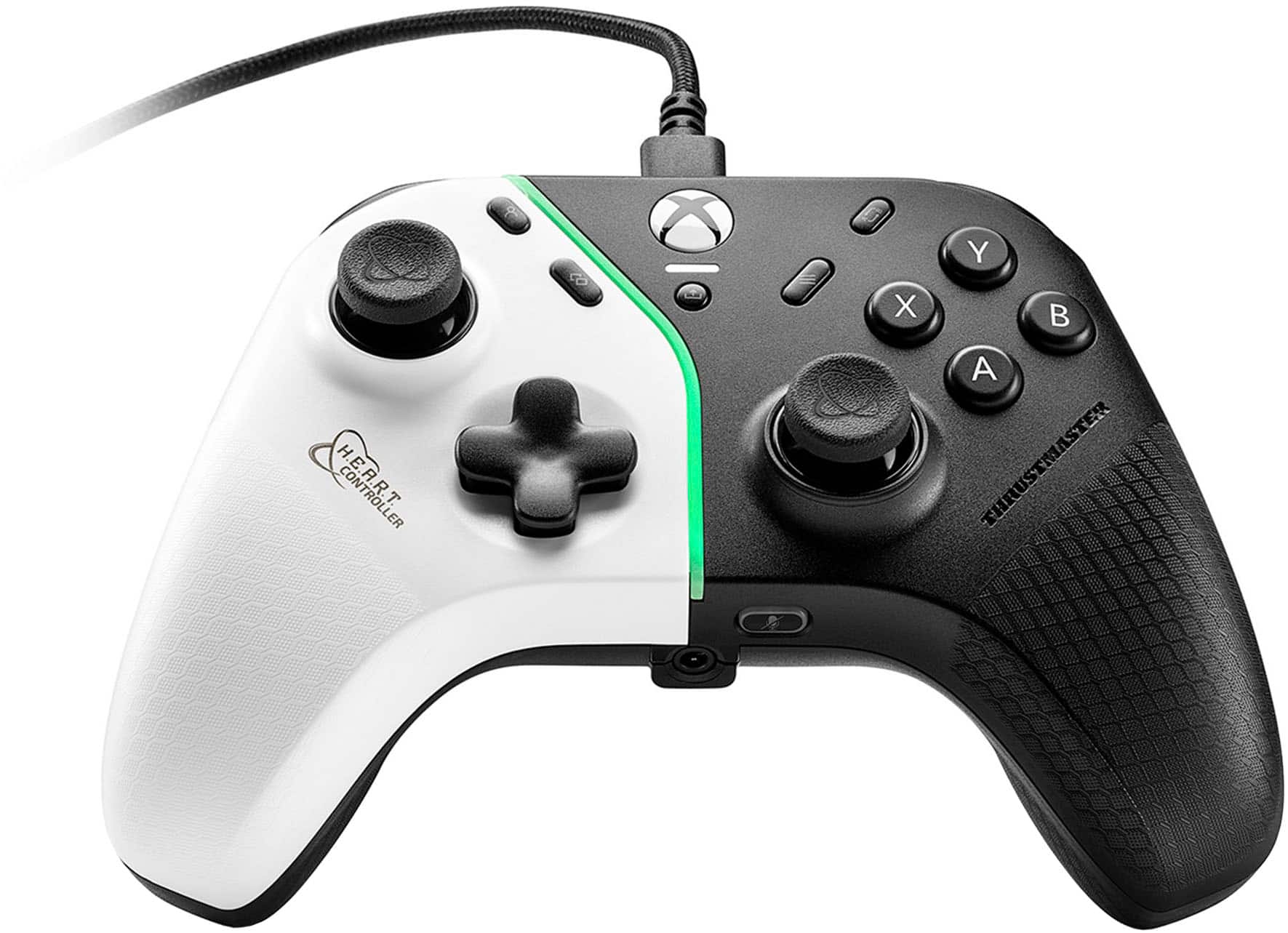 The text on the image reads "X Y B A THRUSTMASTER THRUSSTER." To group and correct the text, we can separate the individual letters and arrange them in the correct order. The correct text should read "X Y B A THRUSTMASTER THRUSTER."