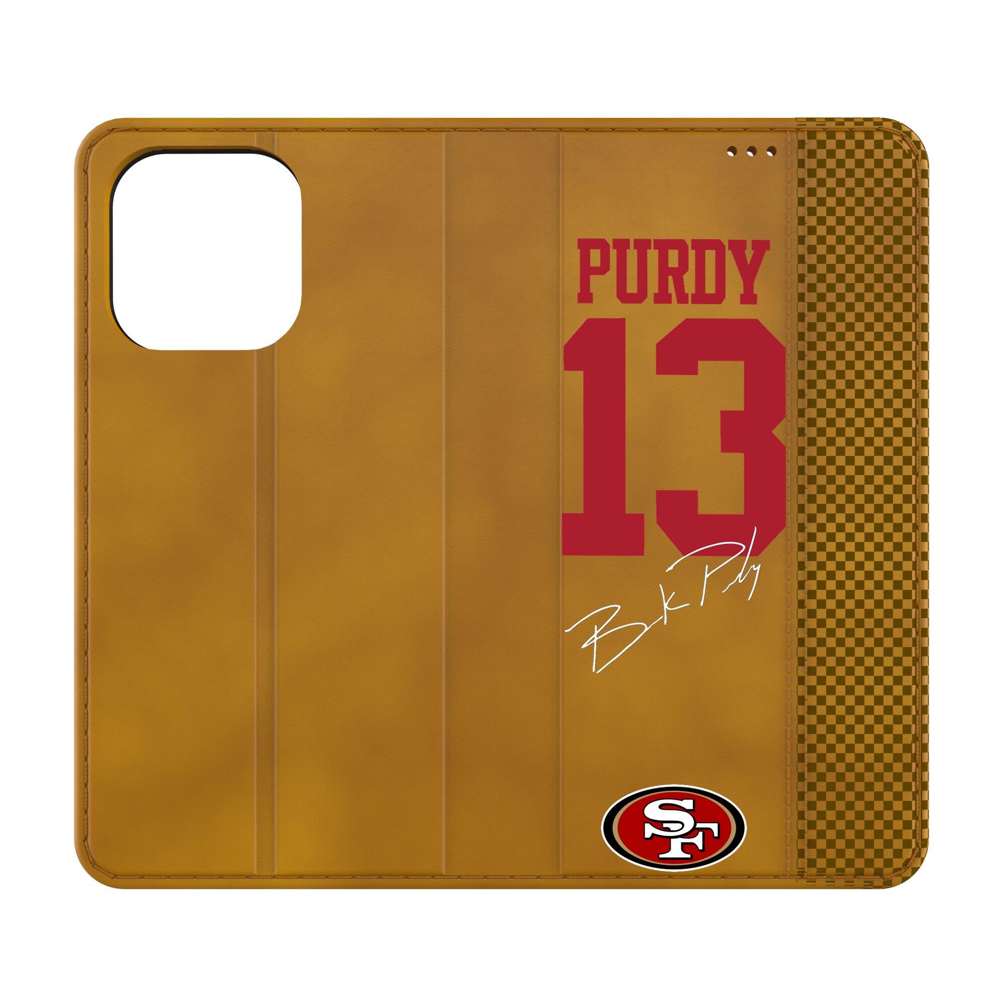 Front. Keyscaper - Brock Purdy Brown San Francisco 49ers Folio iPhone Case - 13 Pro - Brown.