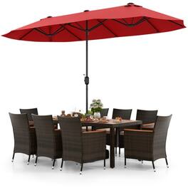 Mondawe - 10 Piece Outdoor Dining Set with 15 Feet Double-Sided Twin Patio Umbrella - Red