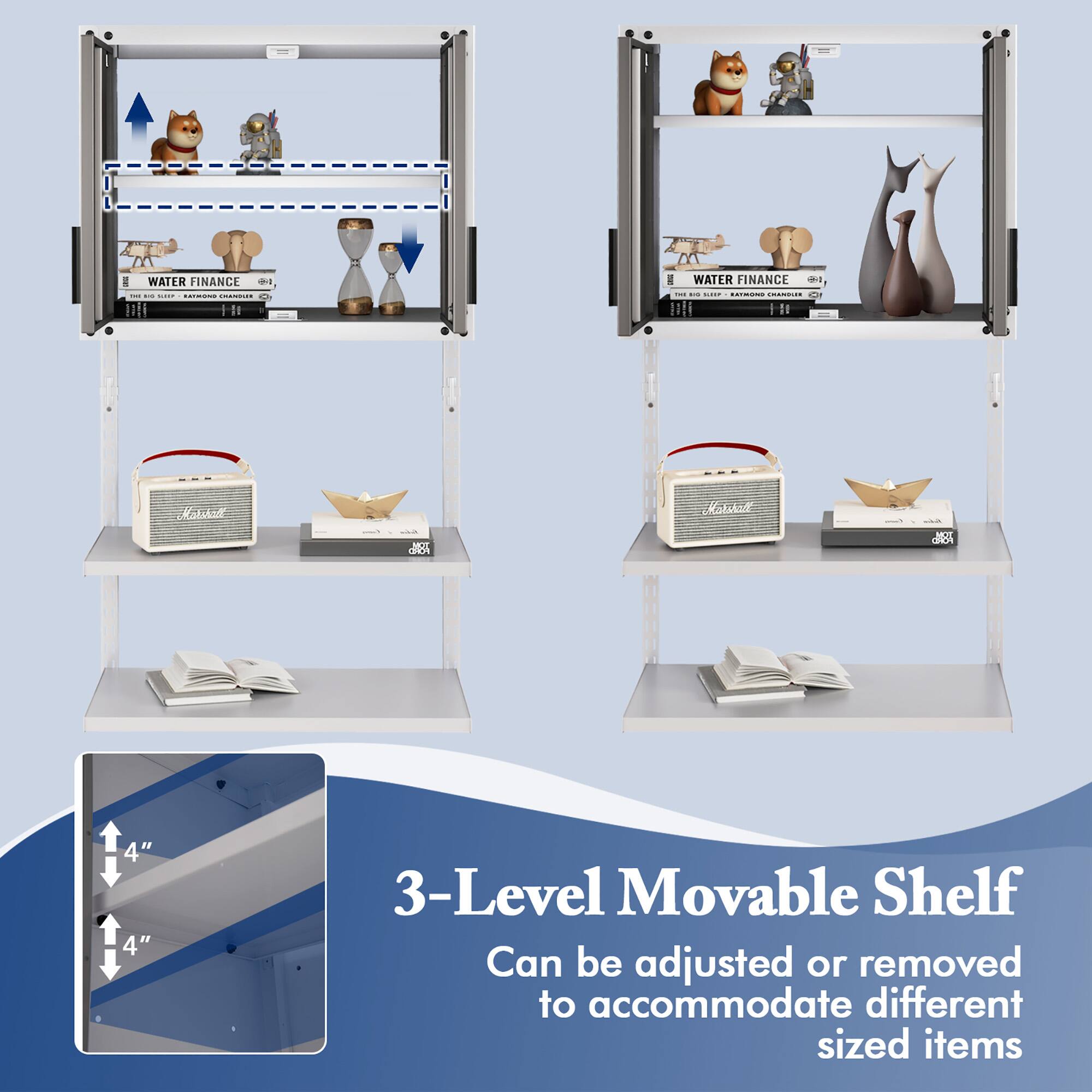 WATER FINANCE  
THE BIG SLEEP, RAYMOND CHANDLER  

3-Level Movable Shelf  
Can be adjusted or removed to accommodate different sized items  

4"  
4"