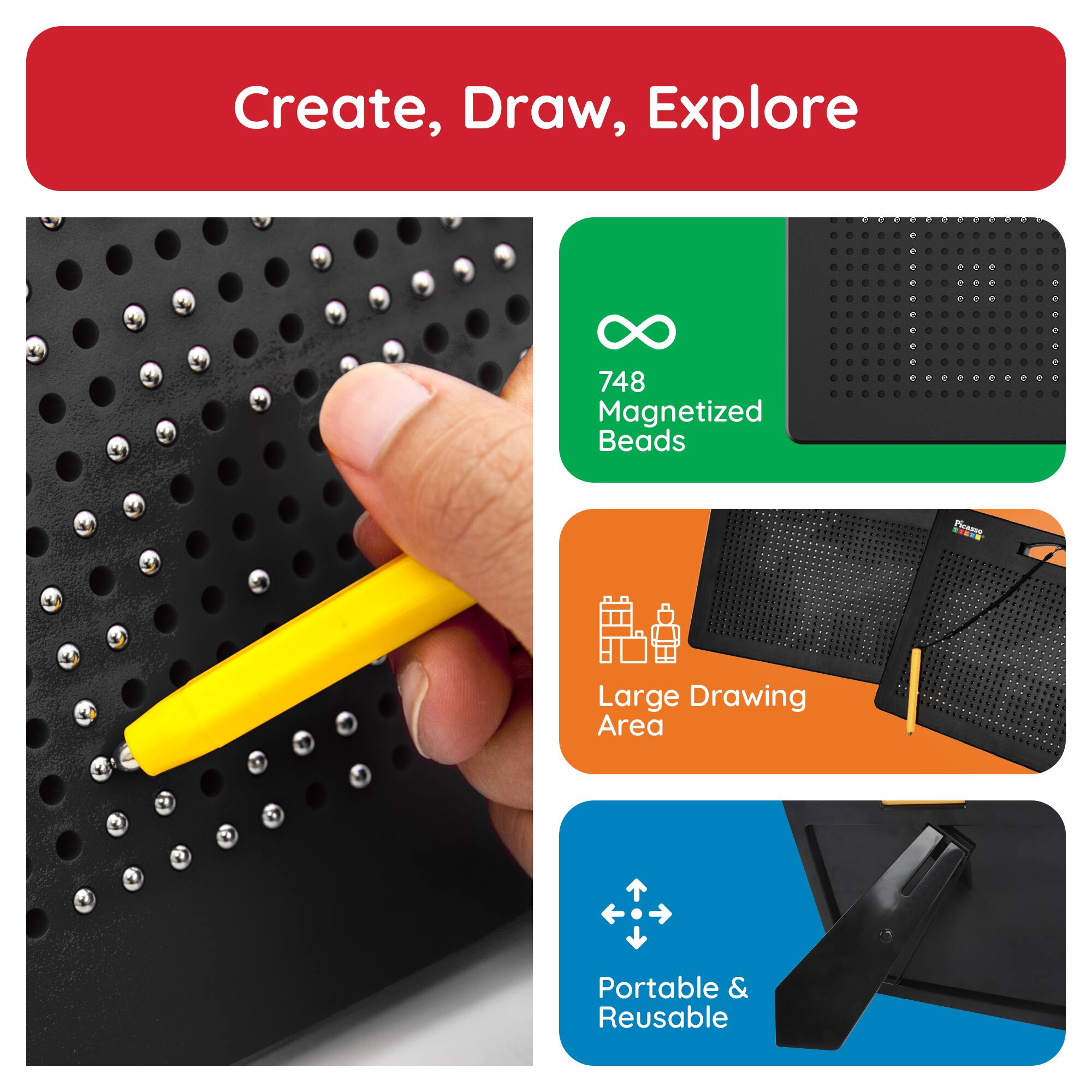 Create, Draw, Explore

- 748 Magnetized Beads
- Large Drawing Area
- Portable & Reusable