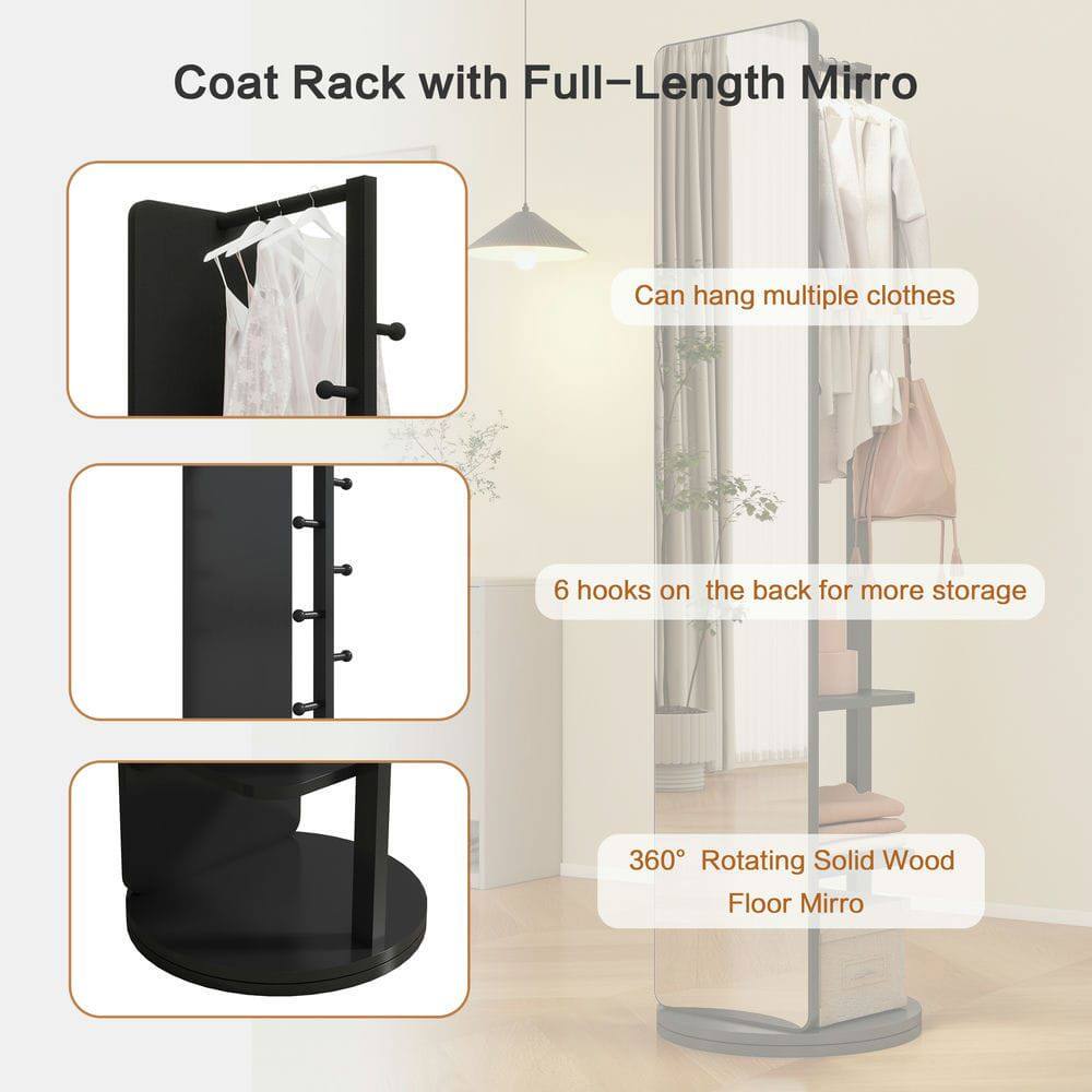 Coat Rack with Full-Length Mirror

- Can hang multiple clothes
- 6 hooks on the back for more storage
- 360° Rotating Solid Wood Floor Mirror