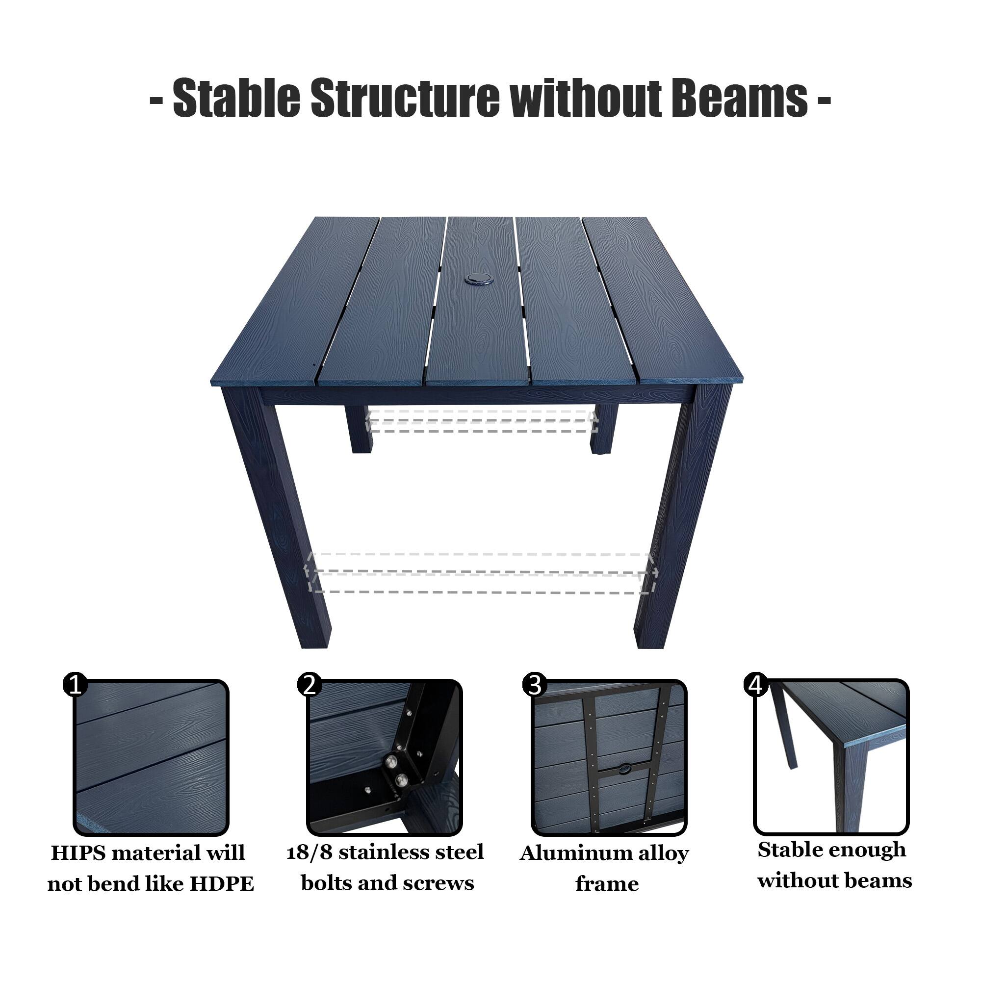 - Stable Structure without Beams -

1. HIPS material will not bend like HDPE
2. 18/8 stainless steel bolts and screws
3. Aluminum alloy frame
4. Stable enough without beams