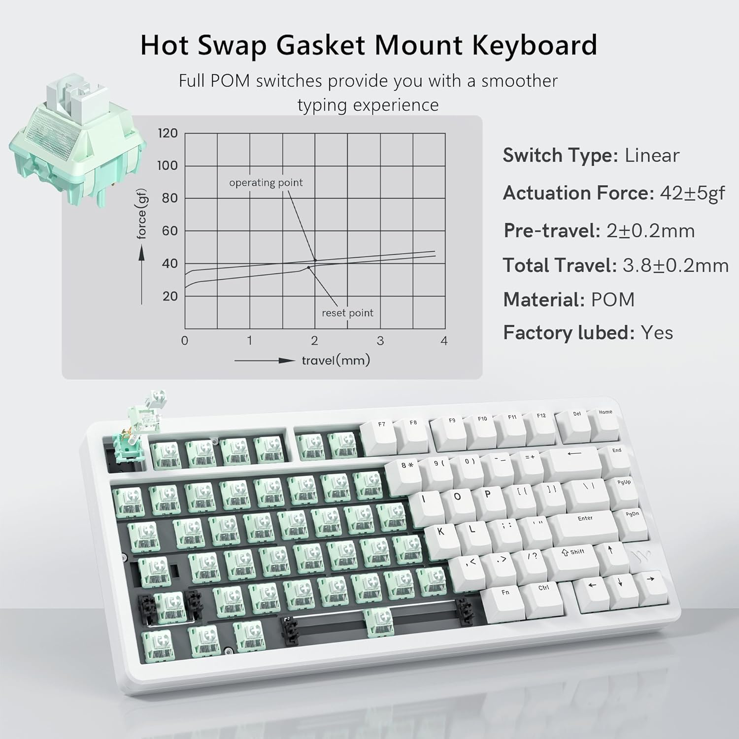 Hot Swap Gasket Mount Keyboard

Full POM switches provide you with a smoother typing experience

Switch Type: Linear  
Actuation Force: 42±5gf  
Pre-travel: 2±0.2mm  
Total Travel: 3.8±0.2mm  
Material: POM  
Factory lubed: Yes