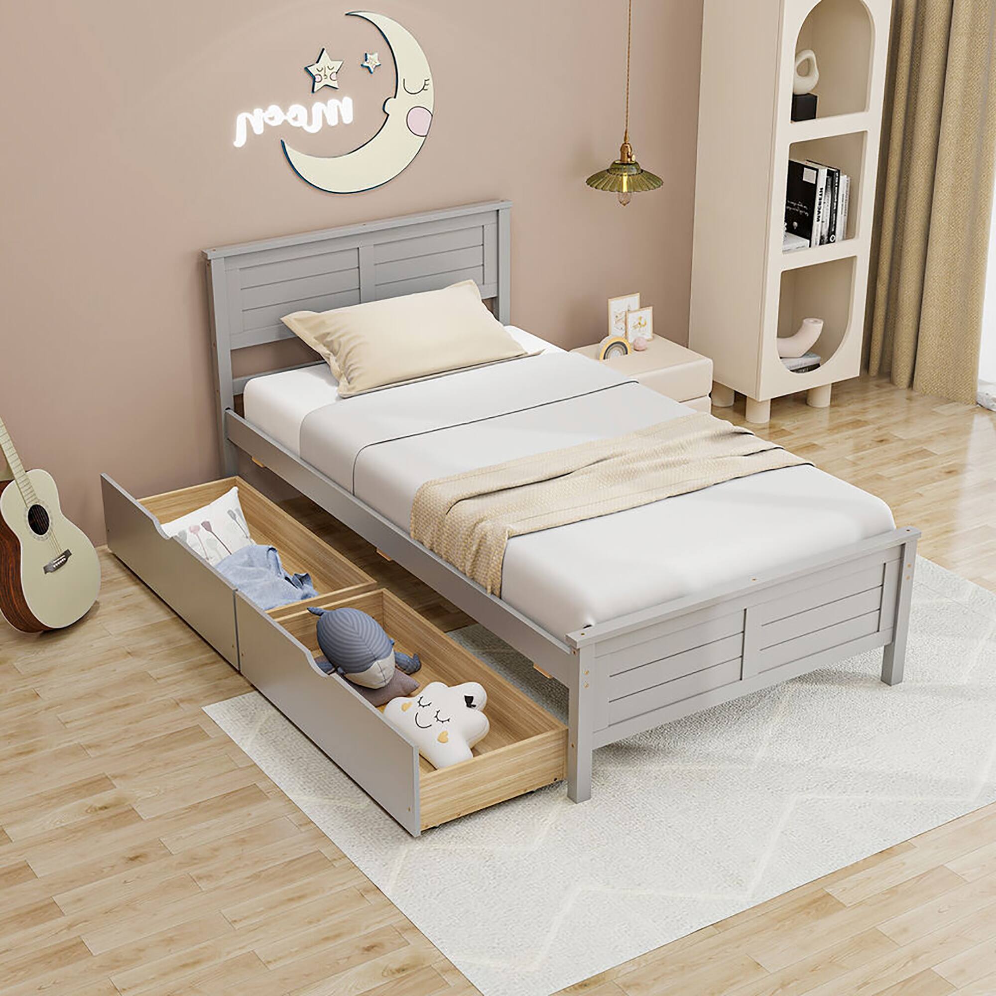 Alt View 4. Gymax - Gymax Twin Size Wooden Bed Frame w/ 2 Storage Drawers & Under-bed Storage Gray - Gray.