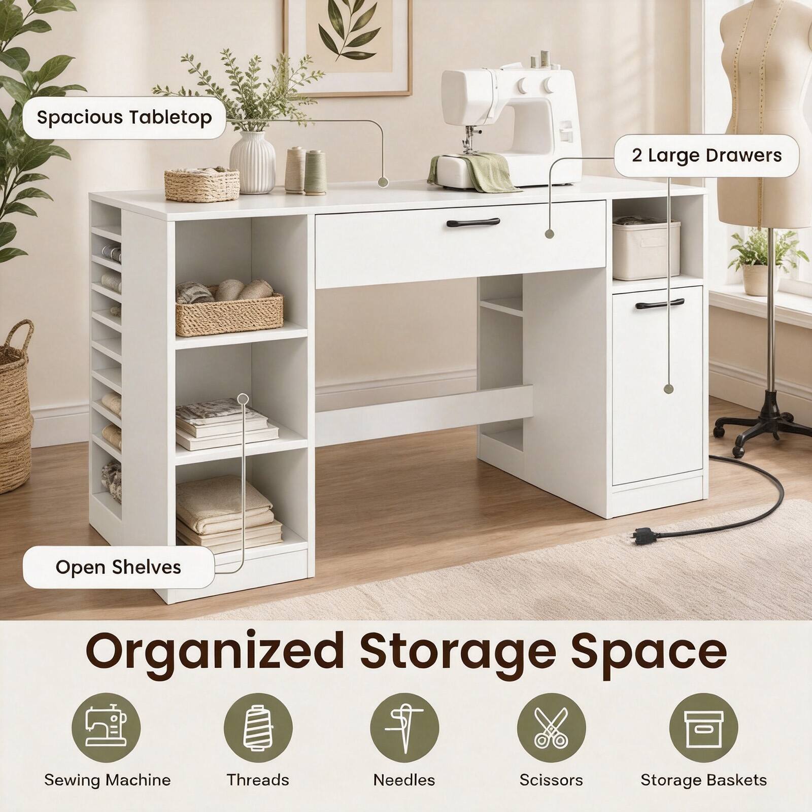 Spacious Tabletop  
2 Large Drawers  
Open Shelves  
Organized Storage Space  
Sewing Machine  
Threads  
Needles  
Scissors  
Storage Baskets