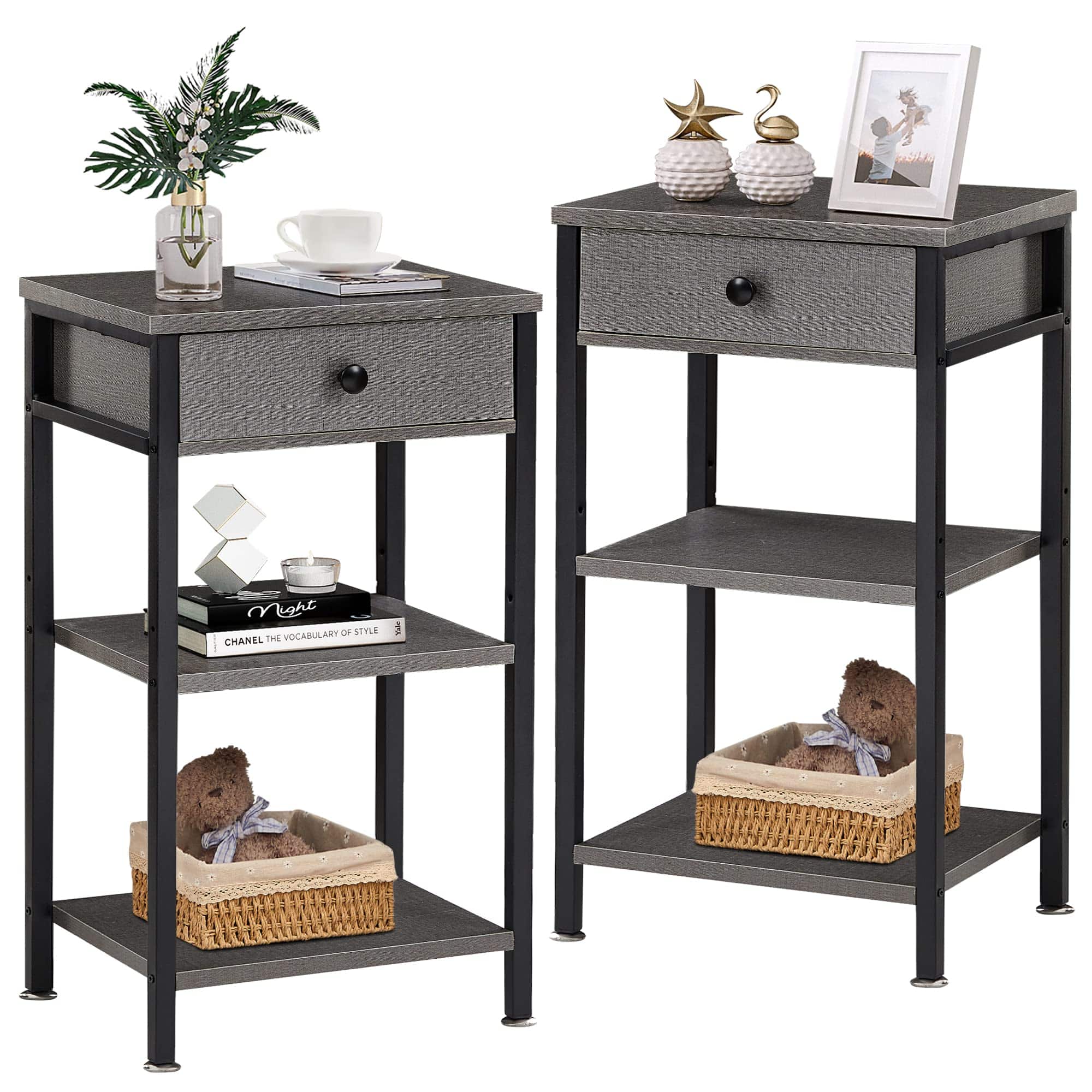 PO3TICJUNKI3 - Tall End Side Table Nightstand With Adjustable Shelf And Bin Drawer For Living Room bedroom entryway Spaces - Hemp Gray