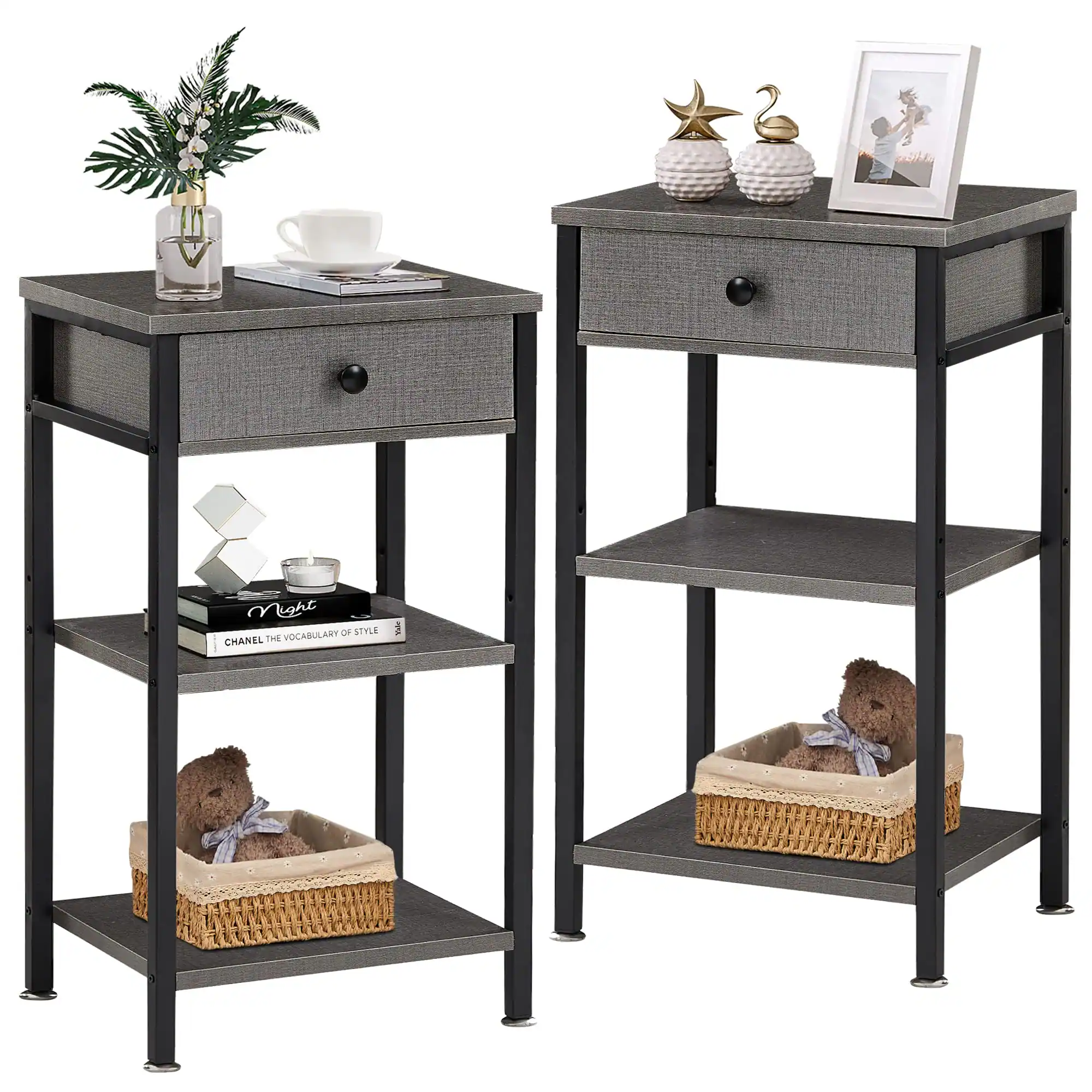 PO3TICJUNKI3 - Tall End Side Table Nightstand With Adjustable Shelf And Bin Drawer For Living Room bedroom entryway Spaces - Hemp Gray