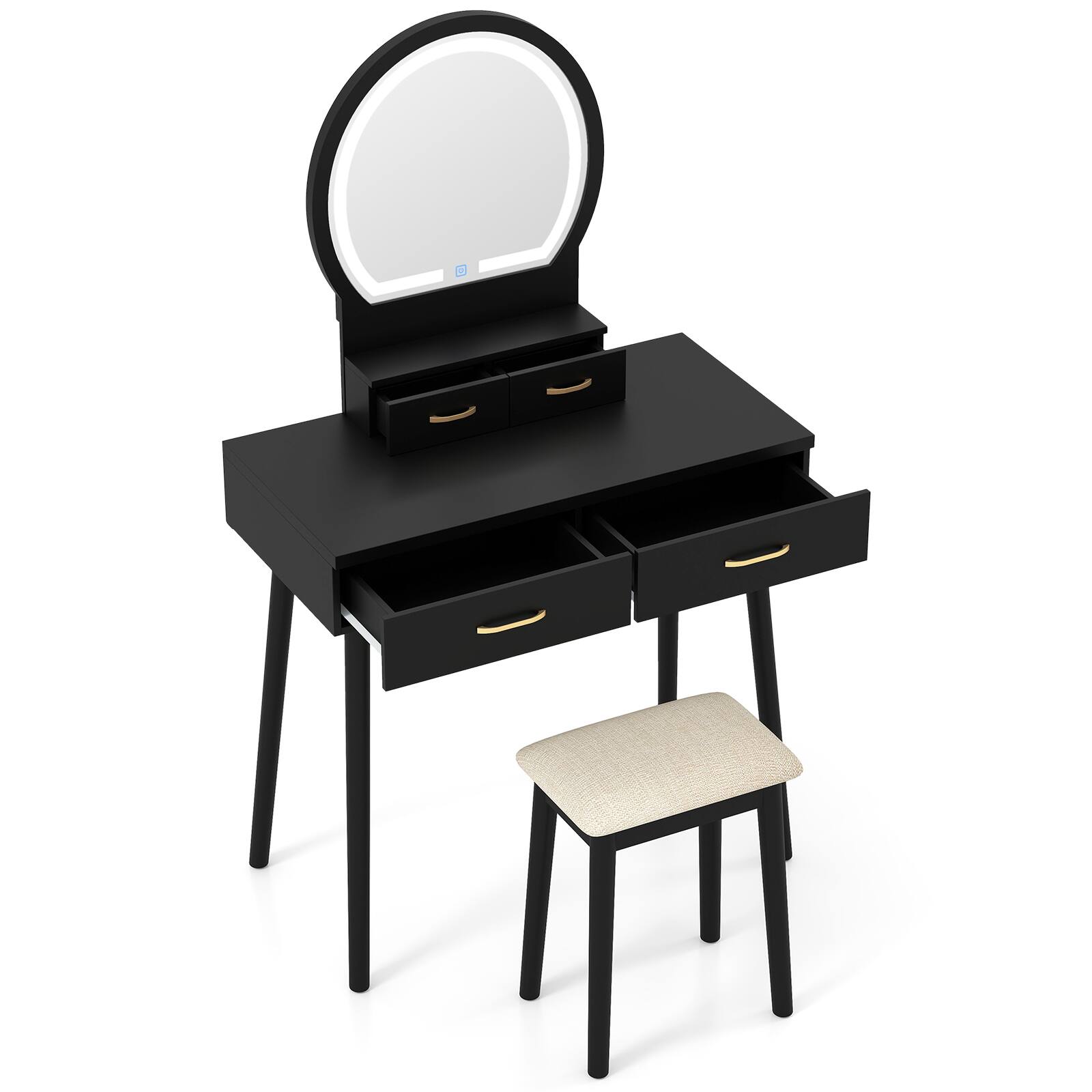 Alt View 9. Gymax - Gymax Small Vanity Desk w/Mirror & Lights Cushioned Stool 3 Adjustable Lighting Colors Black - Black.