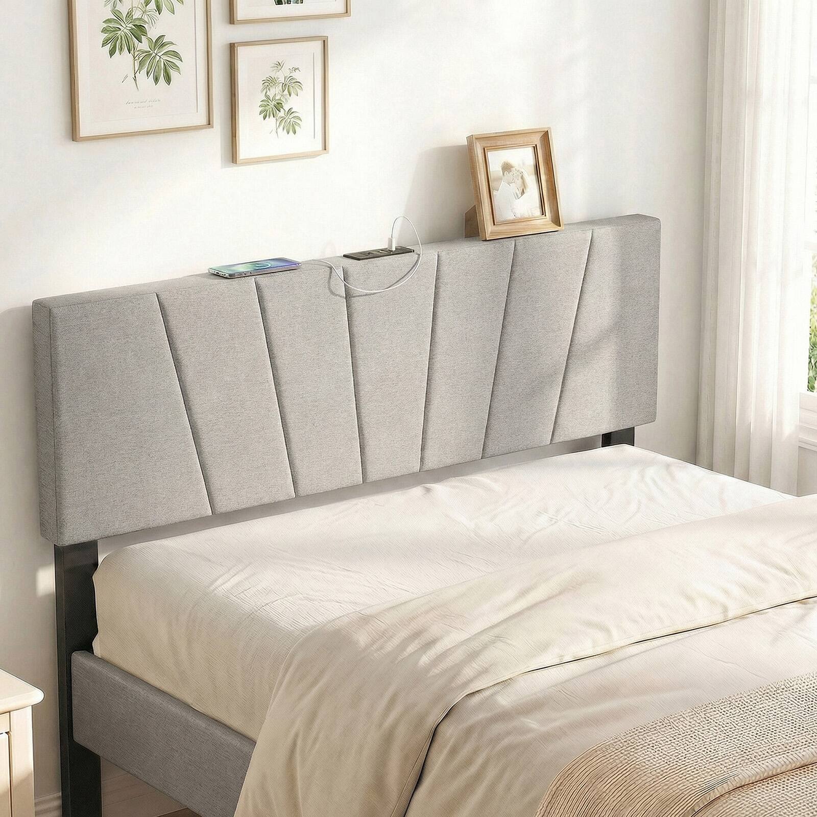Alt View 4. Gymax - Gymax Headboard for Queen&Full Size BedGeometric Upholstered Head Board w/2AC Outlets Gray - Grey.