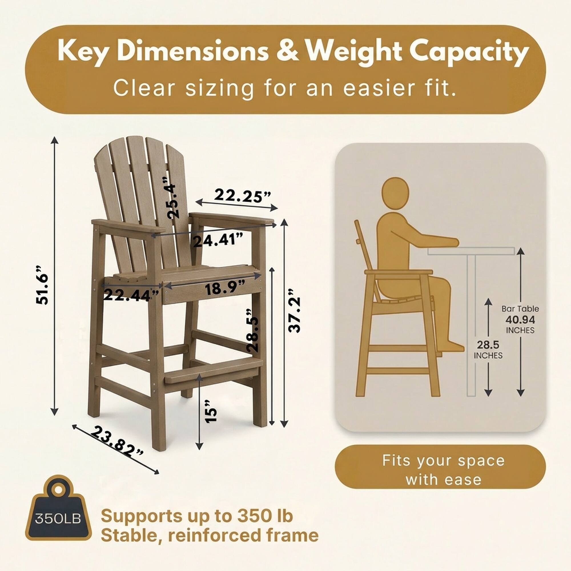 Key Dimensions & Weight Capacity  
Clear sizing for an easier fit.  

51.6"  
25.4"  
22.25"  
24.41"  
22.44"  
18.9"  
28.5"  
37.2"  

Bar Table  
40.94 INCHES  
28.5 INCHES  
23.82"  
15"  

Fits your space with ease  

Supports up to 350 lb  
Stable, reinforced frame