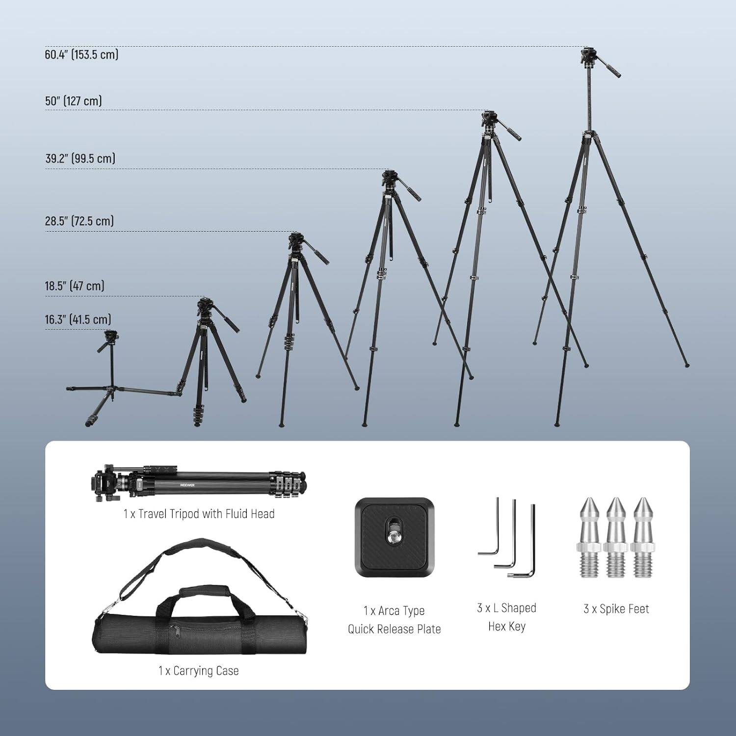 60.4" (153.5 cm)  
50" (127 cm)  
39.2" (99.5 cm)  
28.5" (72.5 cm)  
18.5" (47 cm)  
16.3" (41.5 cm)  

1 X Travel Tripod with Fluid Head  
1 X Arca Type Quick Release Plate  
3 x L Shaped Hex Key  
3 x Spike Feet  
1 X Carrying Case