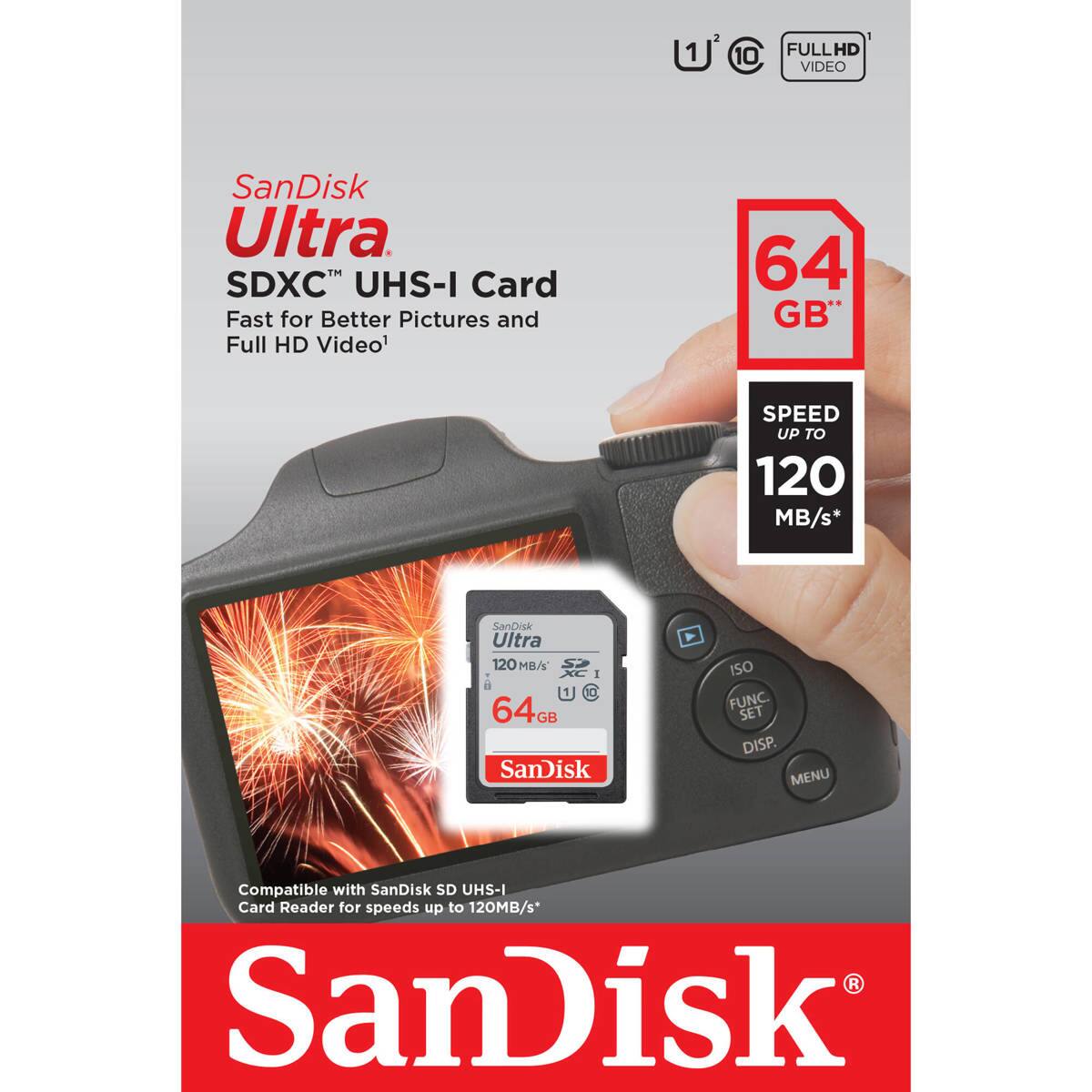 1
1 10 FULLHD VIDEO
SanDisk Ultra SDXC UHS-I Card Fast for Better Pictures and Full HD Video1
64 GB
SPEED UP TO 120 MB/s
SanDisk Ultra 120 MB/s I 64GB SanDisk
ISO FUNC. SET DISP. MENU
Compatible with SanDisk SD UHS-I Card Reader for speeds up to 120MB/s*