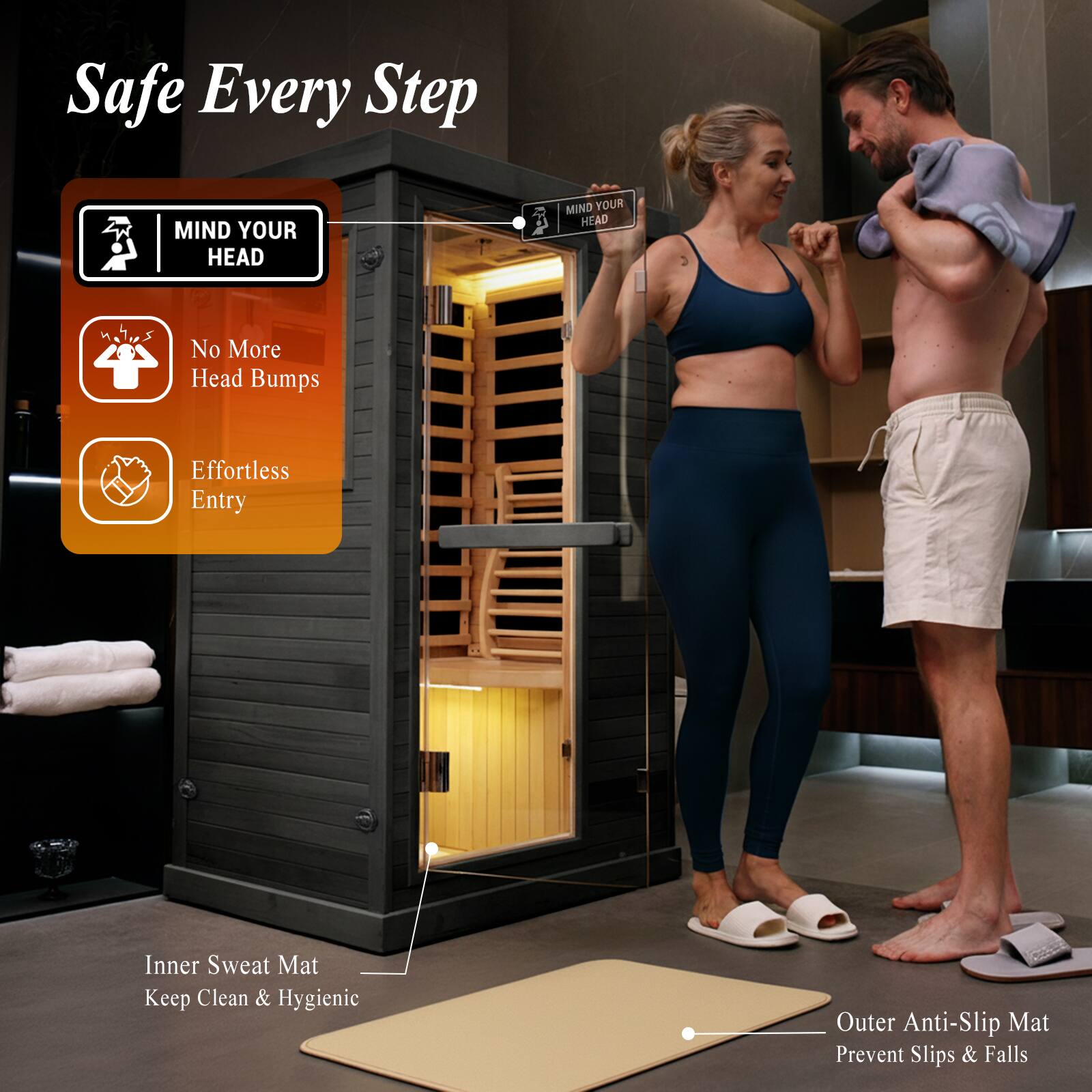 Safe Every Step

- MIND YOUR HEAD
- No More Head Bumps
- Effortless Entry

Inner Sweat Mat
Keep Clean & Hygienic

Outer Anti-Slip Mat
Prevent Slips & Falls