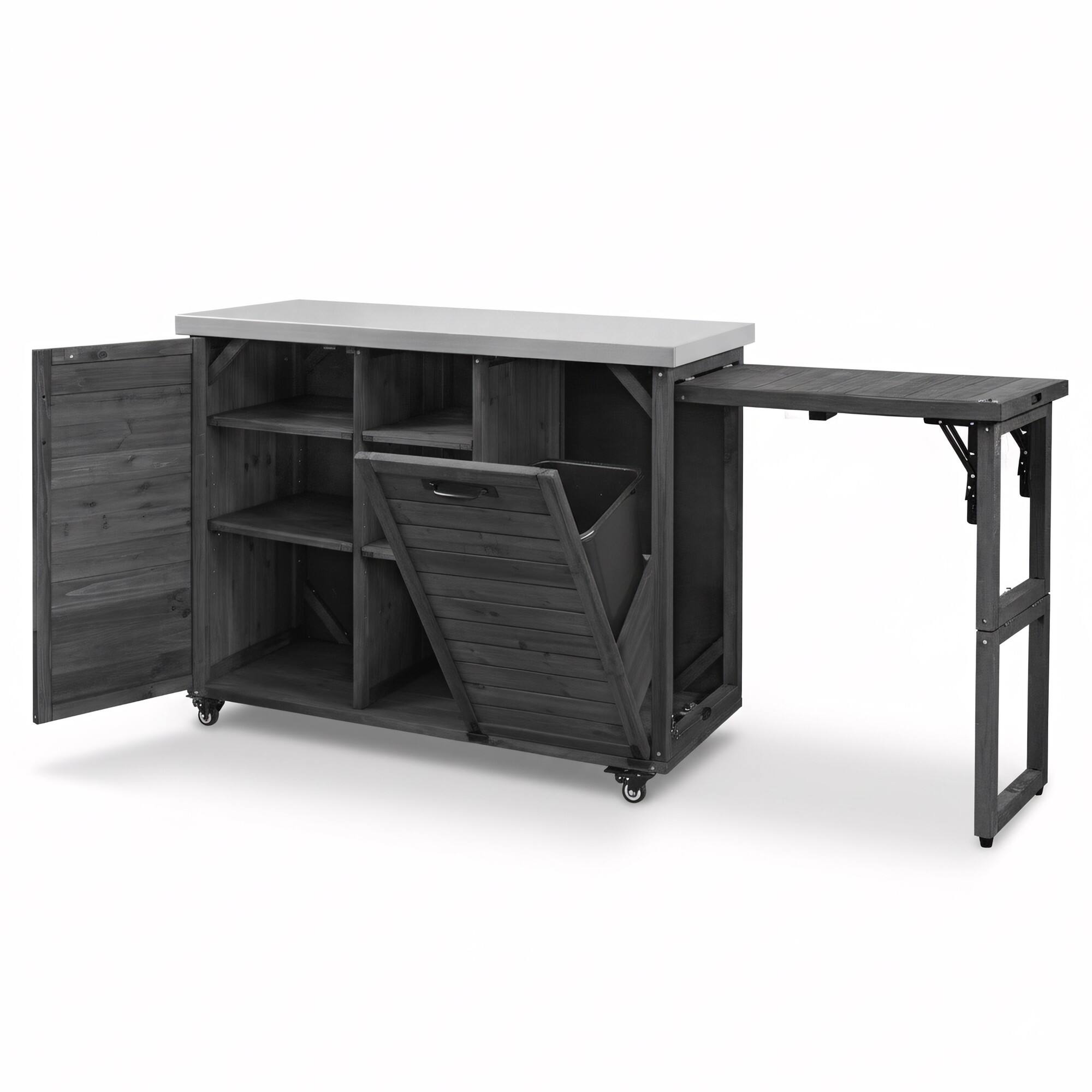 Angle. PexFix - 78.3" Outdoor Kitchen Island with Foldable Table, Trash Storage & Stainless Top, Wood Pizza Oven Cart for Lawn & Garden - Black.