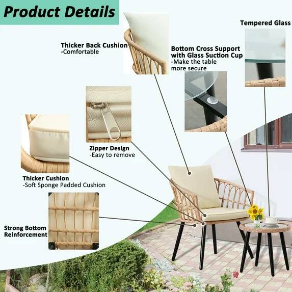 Product Details

- Tempered Glass
- Thicker Back Cushion - Comfortable
- Bottom Cross Support with Glass Suction Cup - Make the table more secure
- Zipper Design - Easy to remove
- Thicker Cushion - Soft Sponge Padded Cushion
- Strong Bottom Reinforcement