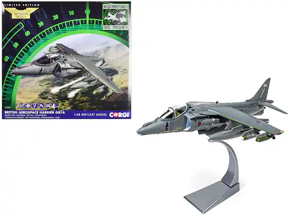 LIMITED EDITION
AVIATION ARCHIVE
MODERN POWER
1992 - PRESENT
BRITISH AEROSPACE HARRIER GR7A
1:48 DIE-CAST MODEL
ZD427/49A, "MICHELLE", RAF No 1 SQUADRON, OPERATION HERRICK, RAF KANDAHAR, AFGHANISTAN, 2007
MODEL CRGI
