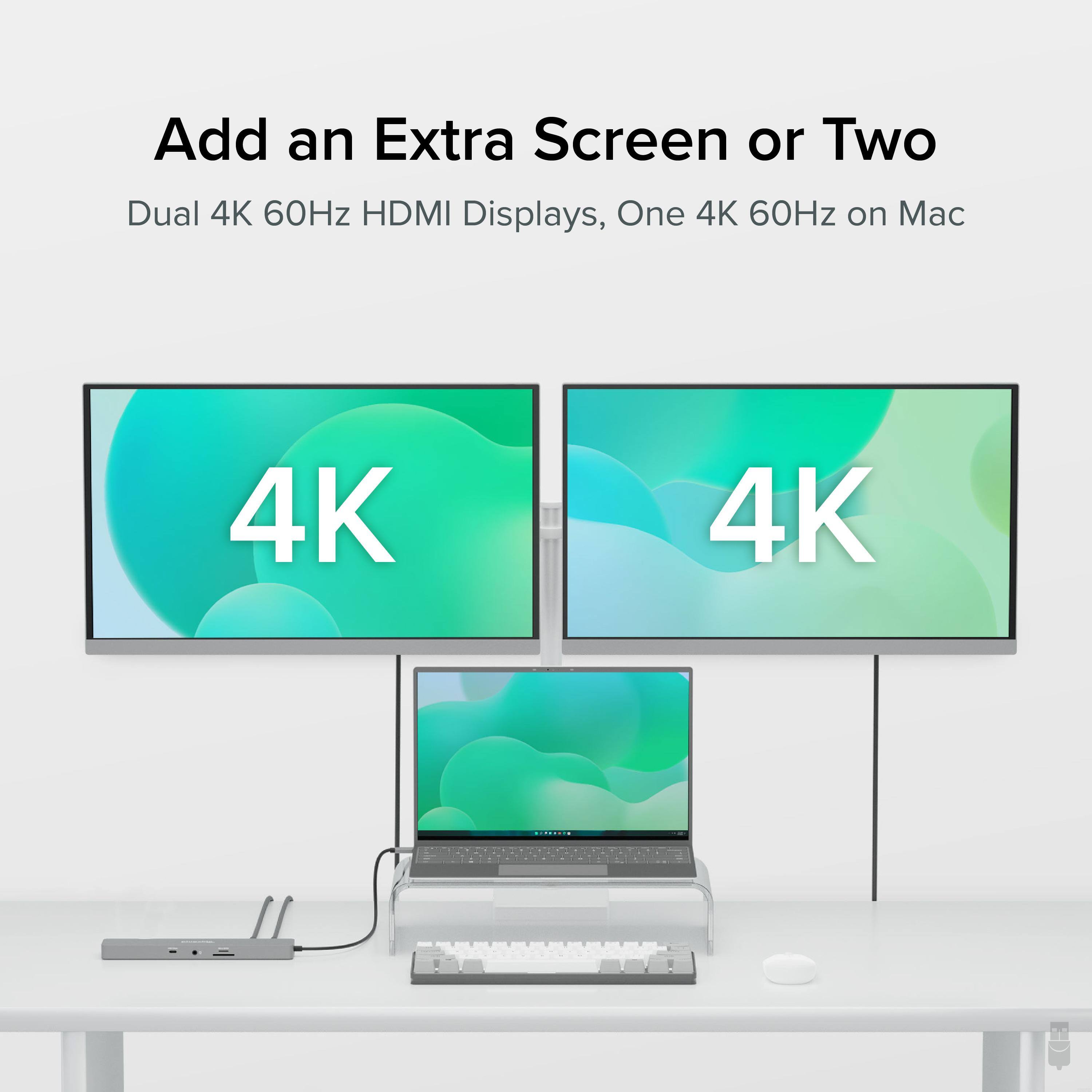 Add an Extra Screen or Two  
Dual 4K 60Hz HDMI Displays, One 4K 60Hz on Mac