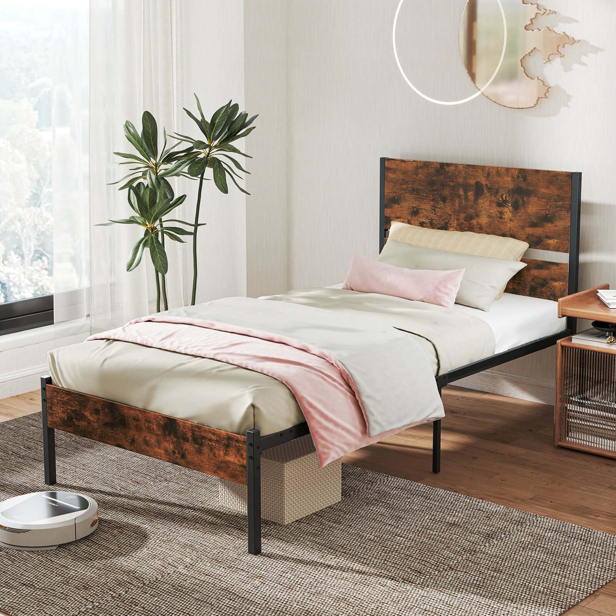 Alt View 6. Costway - Costway Twin Size Bed Frame with Wooden Headboard Under-Bed Storage No Box Spring Needed - Rustic Brown & Black.