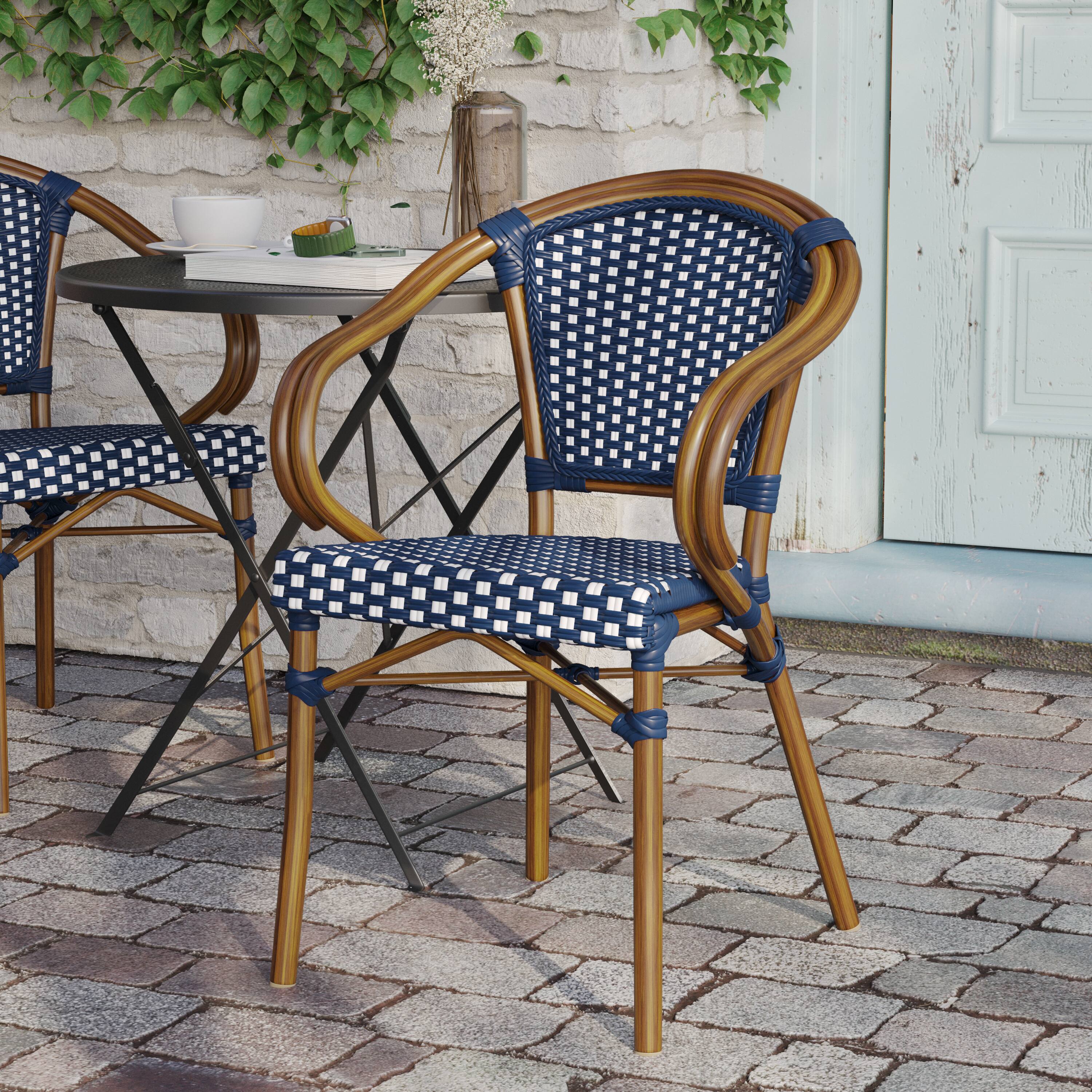 Alt View 2. Flash Furniture - Bordeaux Indoor/Outdoor Commercial Bistro Stacking Chair with Arms, Navy and White PE Rattan and Bamboo Print Aluminum F - Blue.