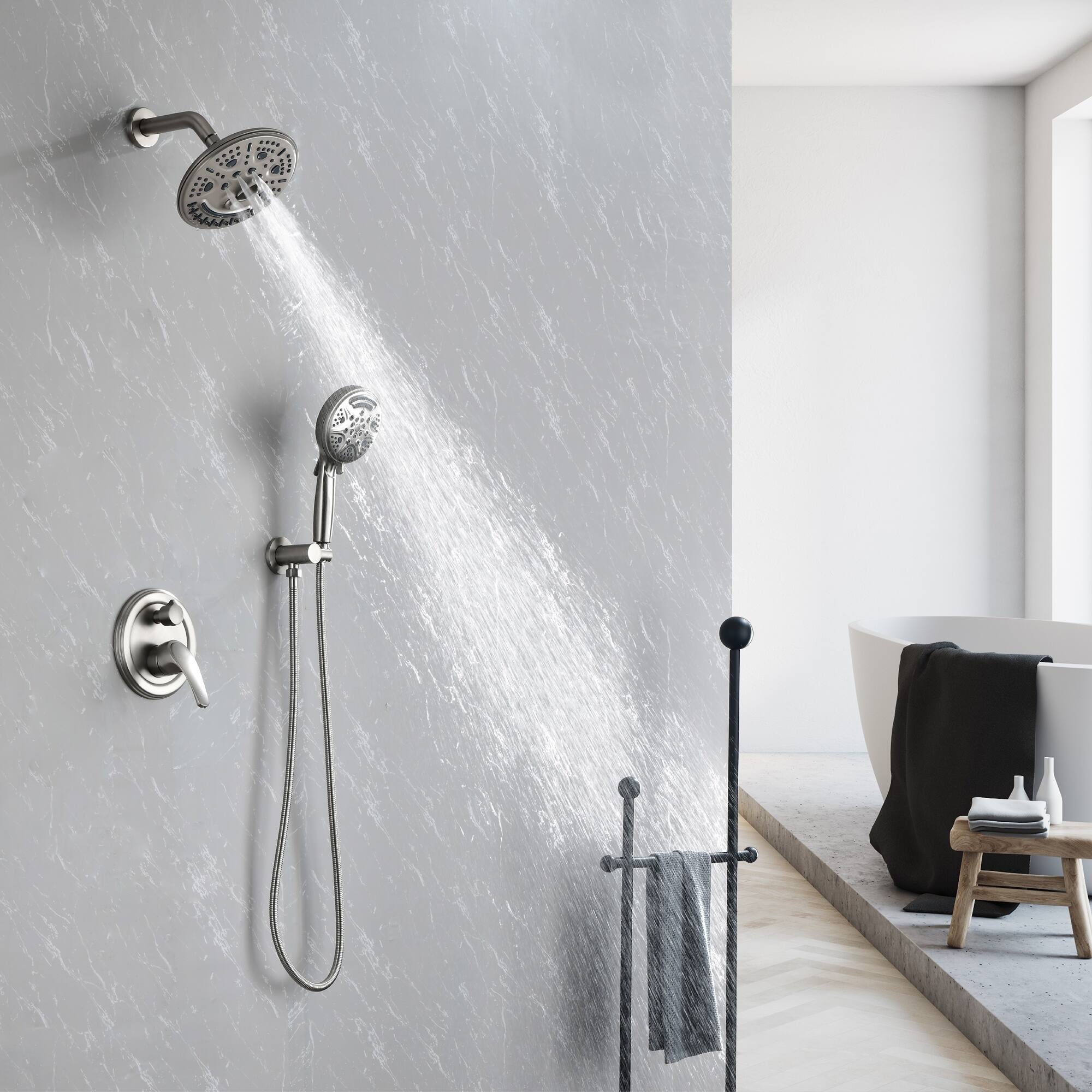 Alt View 1. Boyel Living - Brushed Nickel Shower Set Brass SUS304 2-Function Valve 8-Inch Top Spray 9-Function Handheld 60-Inch Hose cUPC - Brushed Nickel.