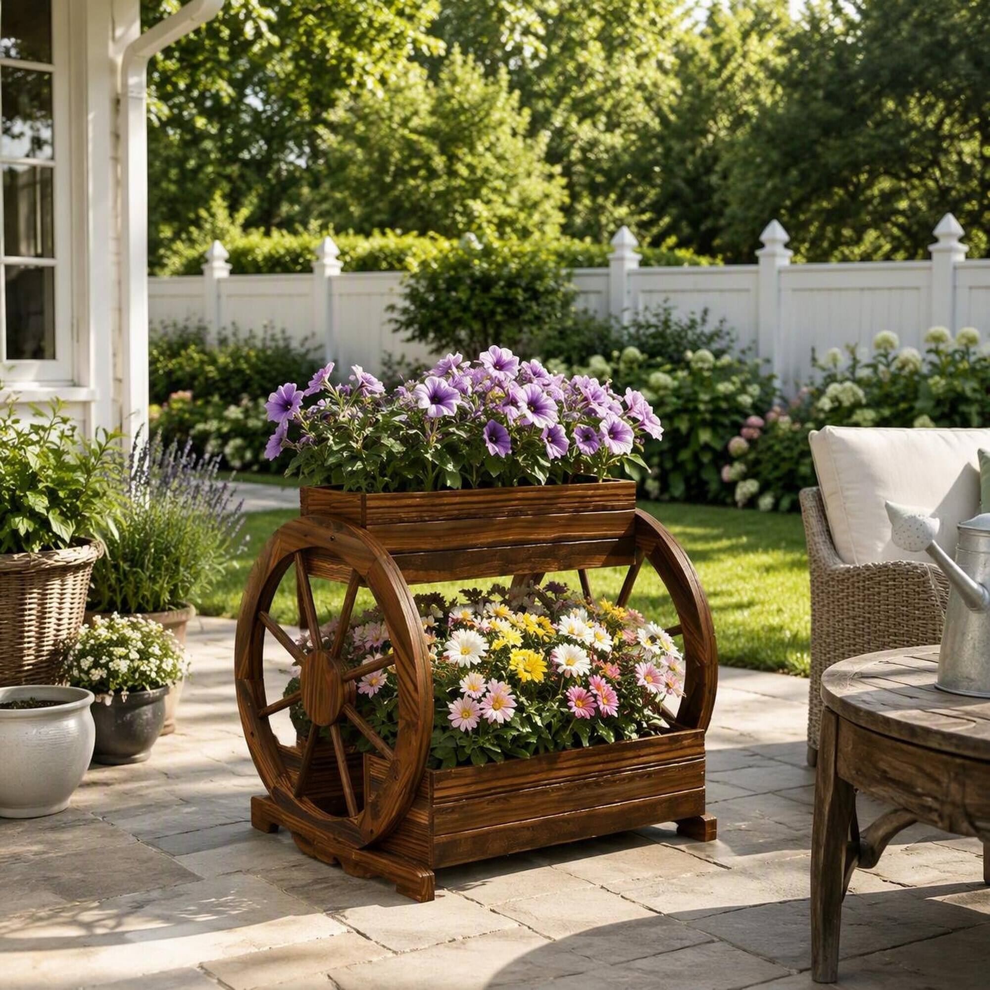 Back. RYHNUYNE - 3-Tier Wooden Wagon Planter with Decorative Wheels for Vegetables Flowers Herbs, Carbonized Fir Raised Garden Bed - Black+Brown.