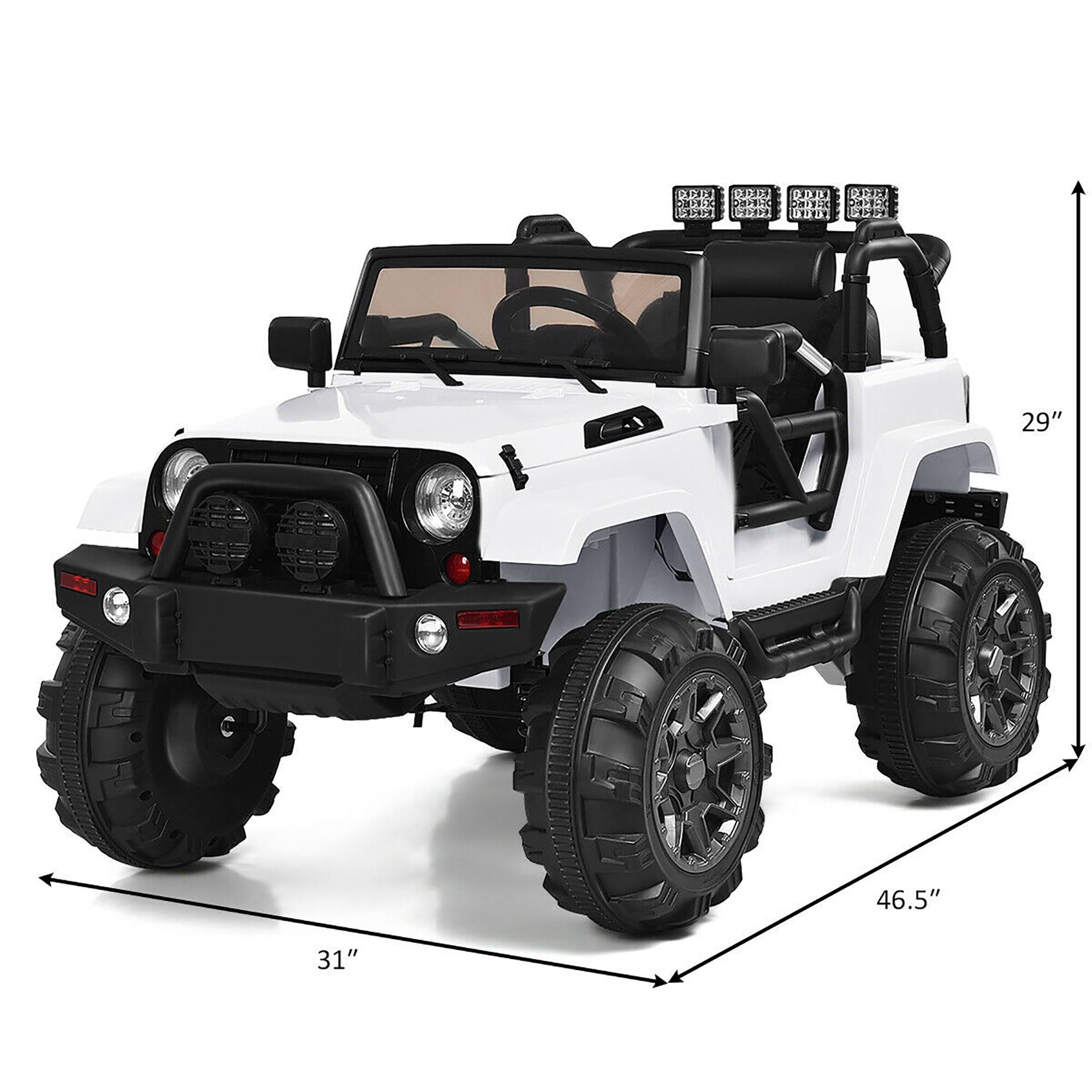 The dimensions of the vehicle are:

- Height: 29"
- Width: 46.5"
- Length: 31"