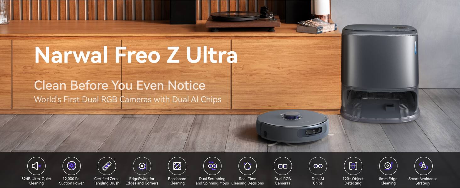 The text on the image is advertising a vacuum cleaner called the Narwal Freo Z Ultra. The advertisement claims that the vacuum cleaner is the world's first dual RGB cameras with dual Al chips, providing ultra-quiet 12,000 Pa cleaning suction power. The vacuum also features a zero-tangling brush, edge-swing for edges and corners, baseboard cleaning, dual scrubbing, real-time and spinning mops, and cleaning decisions based on the dual RGB cameras and dual Al chips. The advertisement also highlights the vacuum's ability to detect over 120 objects and its smart avoidance strategy.