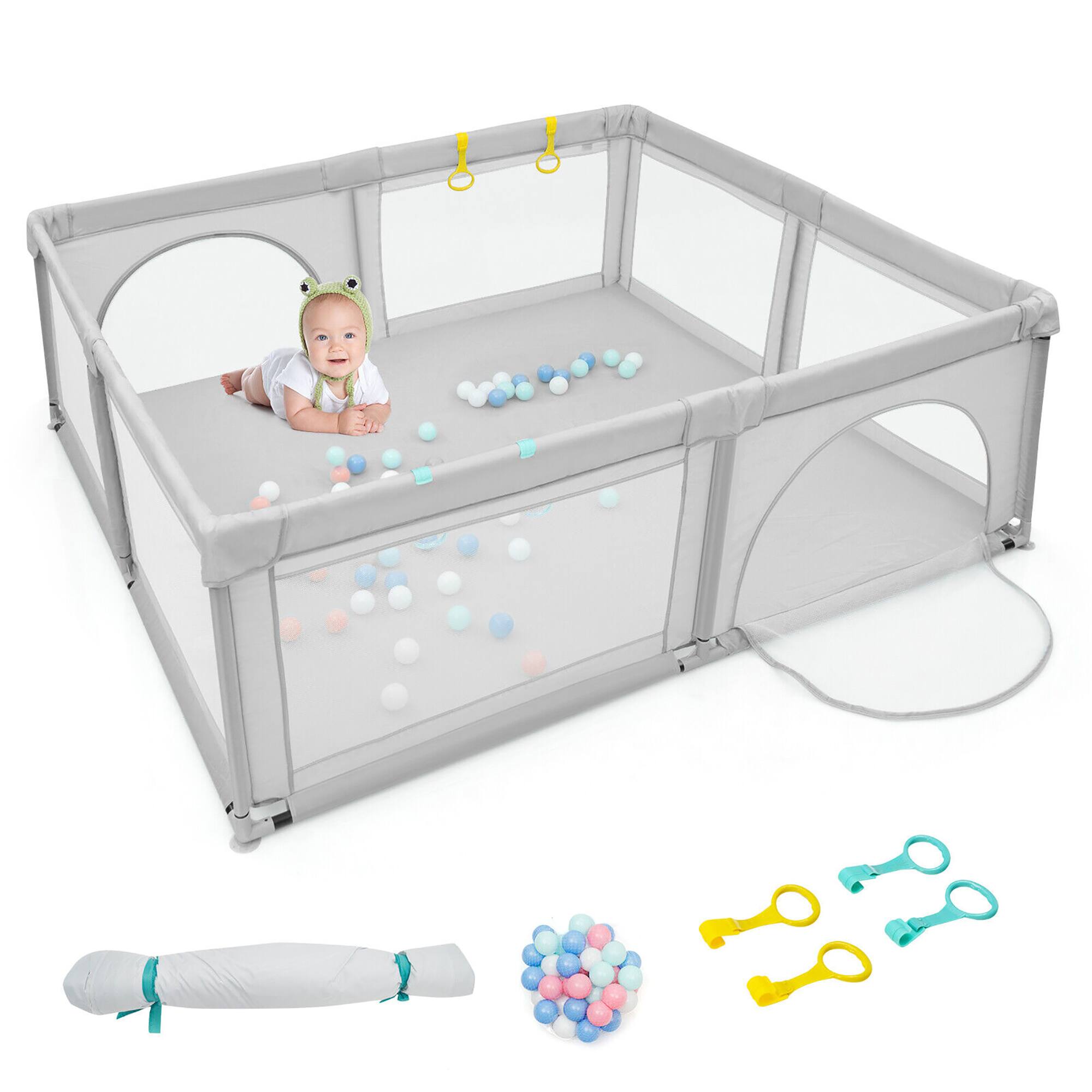 Gymax - Extra Large Baby Playpen Safety Baby Play Yard w/ 50 Ocean Balls & 4 Handles Light Grey - Light Gray