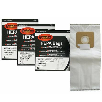 Anti-Allergen! A845
EnviroCore TECHNOLOGIES
HEPA
99.97% Filtration
Traps Microscopic Particles and Allergens
Particulas Alergenicos Microscopicos de Pieges
Particulas et Allergenes Microscopiques de Pieges
Particulas Alergenicos Microscopicos de los Desvios
Designed to Fit: Riccar* Vibrance R-Series, 2000, 4000, 5000, 6000
Concuso Pour: Riccar* Vibrance R-Series, 2000, 4000, 5000, 6000
Diseñado a Medida: Riccar* Vibrance R-Series, 2000, 4000, 5000, 6000
HEPA Bags
99.97% Filtration
Traps Microscopic Particles and Allergens
Particulas Alergenicos Microscopicos de Pieges
Particulas et Allergenes Microscopiques de Pieges