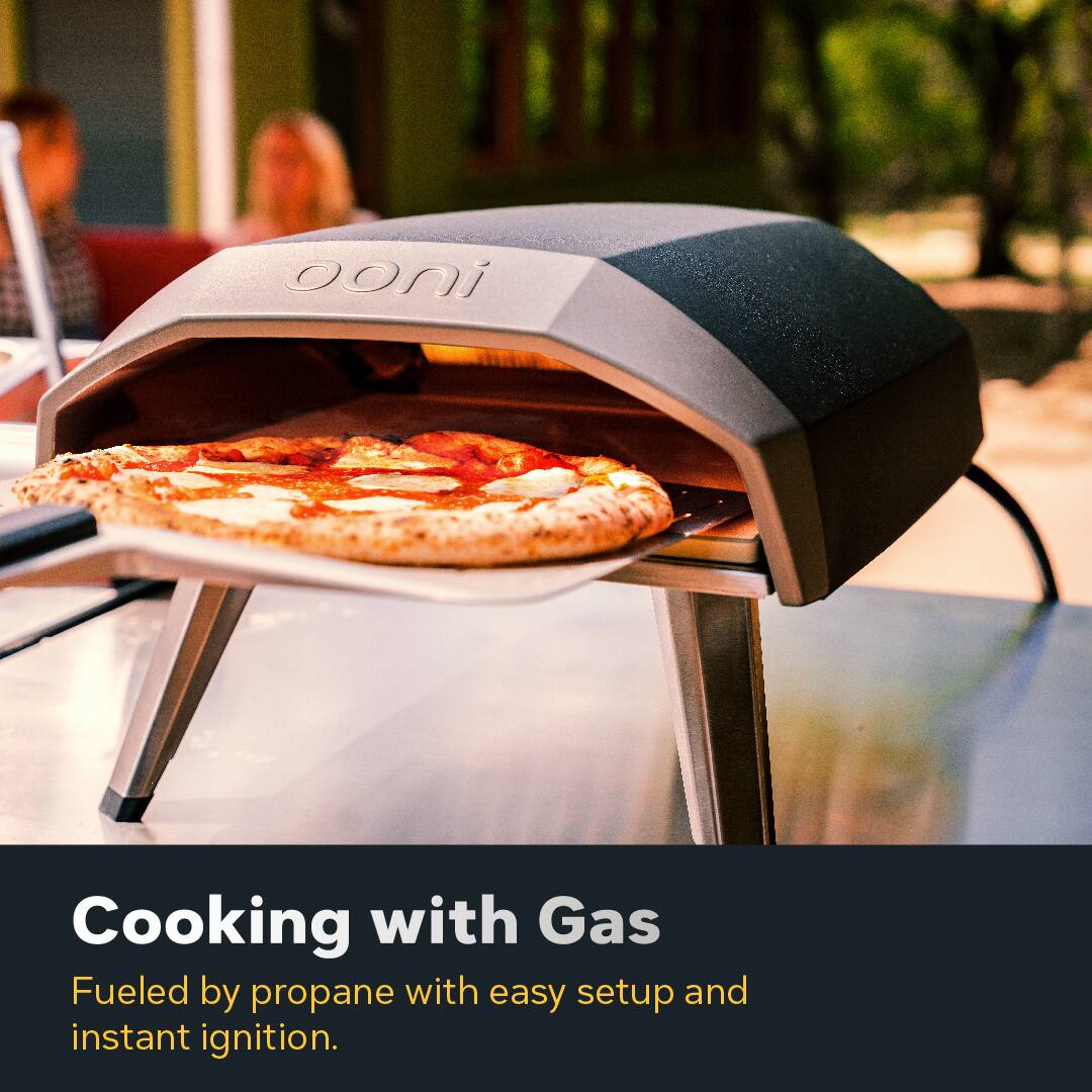 The text on the image reads: "Cooking with Gas Fueled by propane with easy setup and instant ignition."