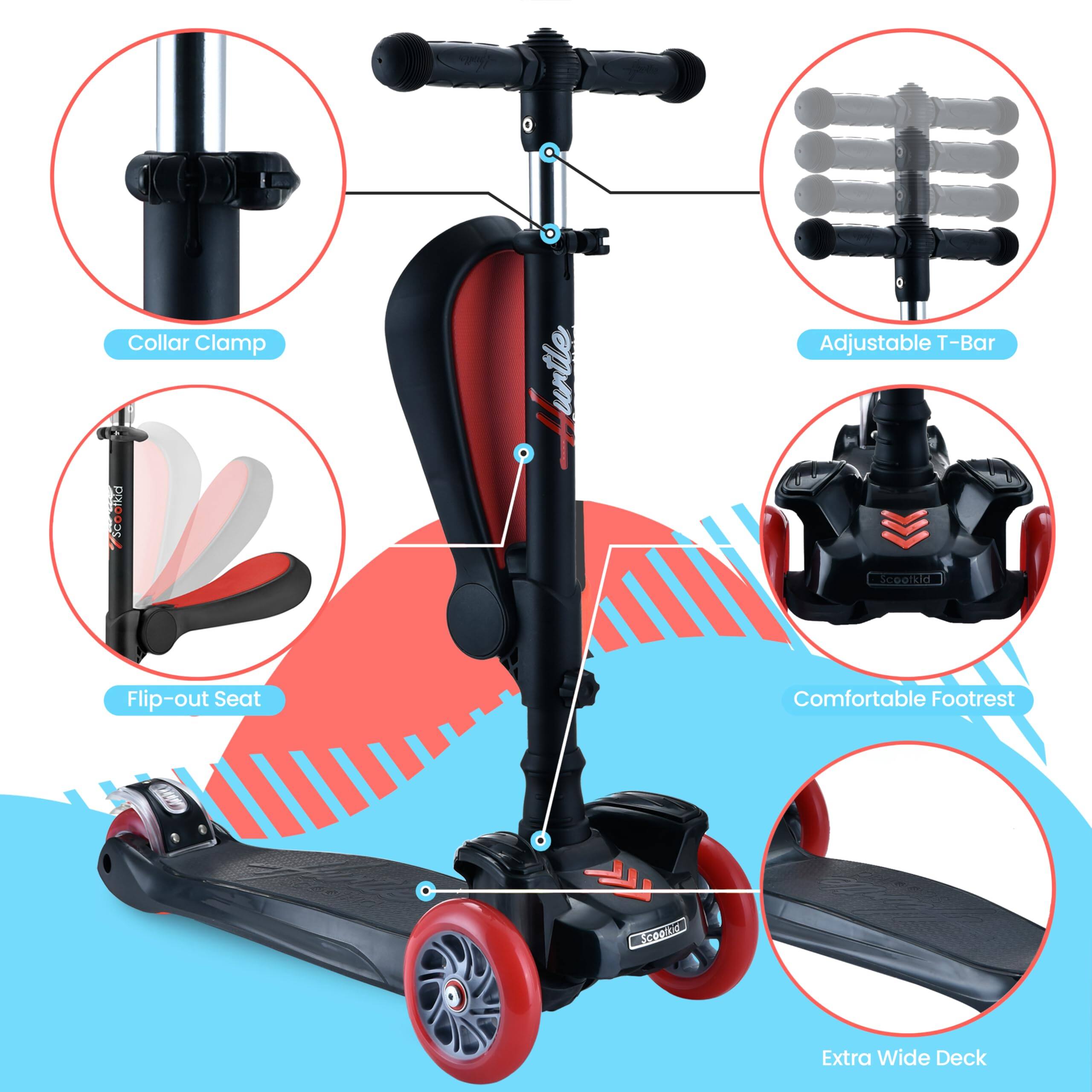 Collar Clamp  
Adjustable T-Bar  
Flip-out Seat  
Comfortable Footrest  
Extra Wide Deck