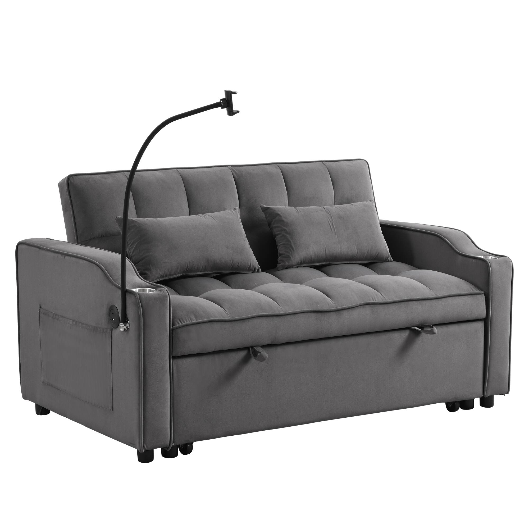 Alt View 1. GOODSILO - Convertible Velvet Sofa Bed with Adjustable Backrest, USB Ports, and Storage Pockets for Compact Living Spaces - Dark Grey.