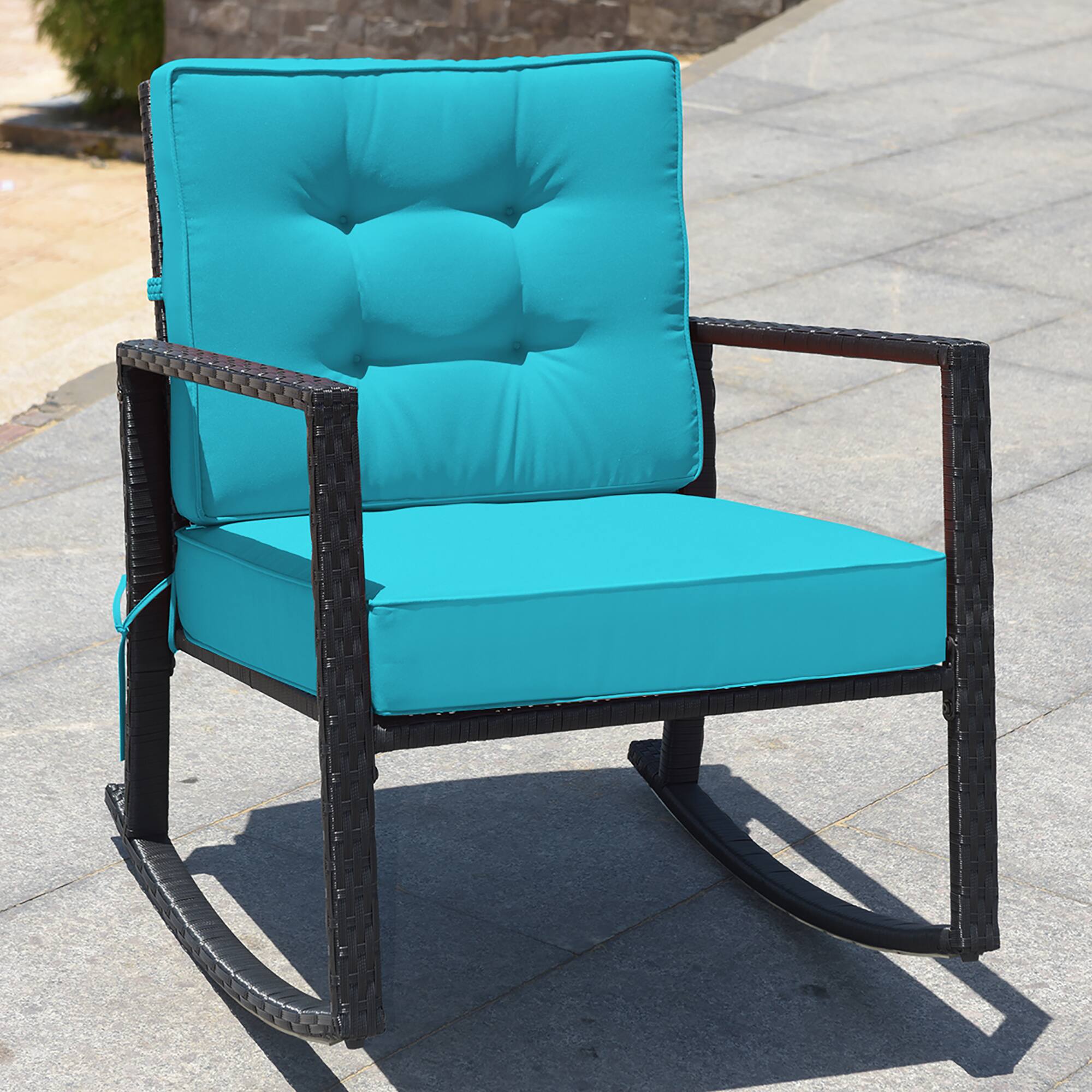 Alt View 1. Costway - Costway 2PCS Patio Rattan Rocker Chair Outdoor Glider Rocking Chair Cushion - Turquoise.