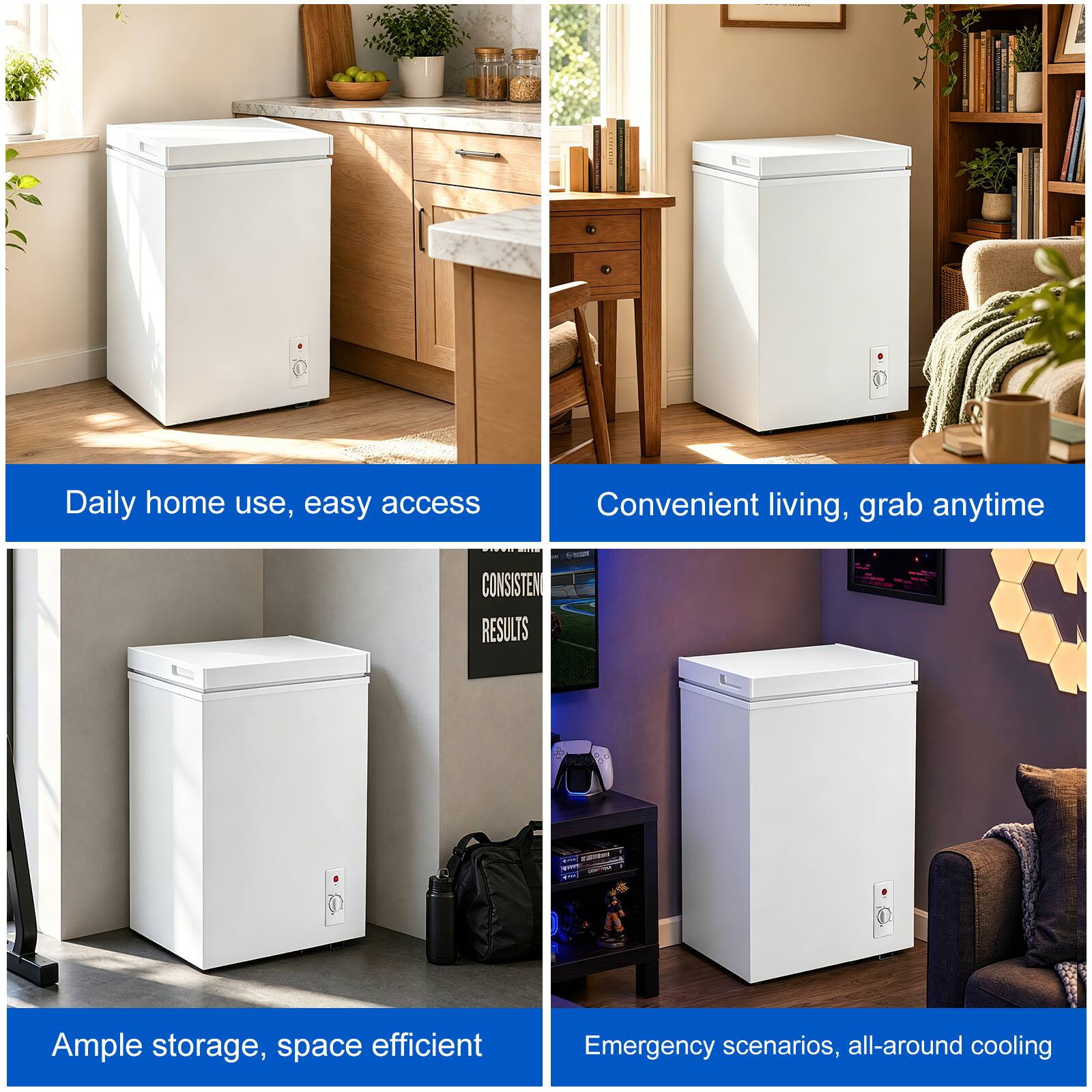 Daily home use, easy access  
Convenient living, grab anytime  
Ample storage, space efficient  
Emergency scenarios, all-around cooling