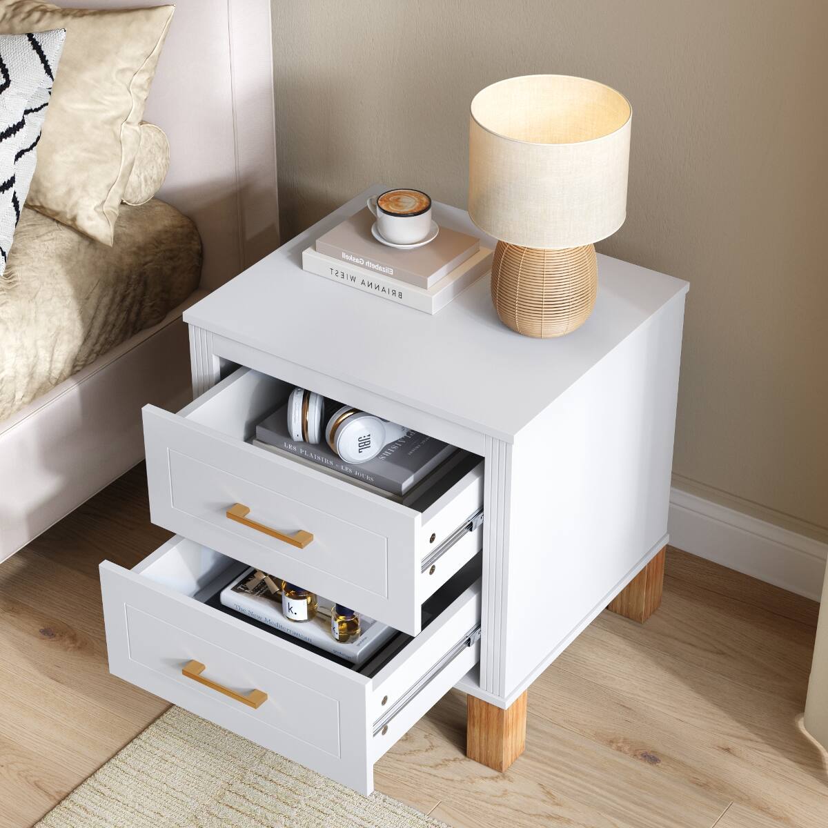 Loheer - 2 Drawer Nightstand, Fluted Bedside Table with Solid Wood Legs - White
