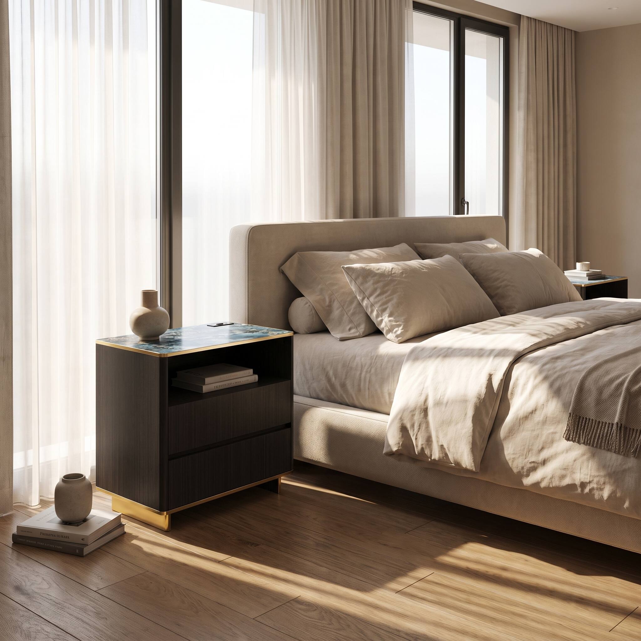 Left. Famapy - Modern Nightstand with LED Light & Charging Hub, Marble-Top Bedside Cabinet with Gold Legs & 2 Drawers Furniture - Black.