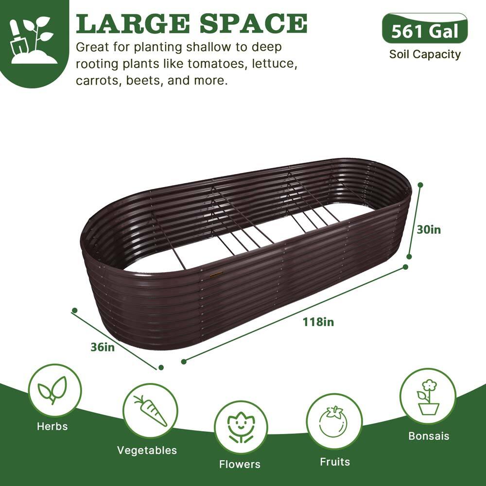 LARGE SPACE  
Great for planting shallow to deep rooting plants like tomatoes, lettuce, carrots, beets, and more.  

561 Gal Soil Capacity  

30in x 118in x 36in  

Herbs  
Vegetables  
Flowers  
Fruits  
Bonsais