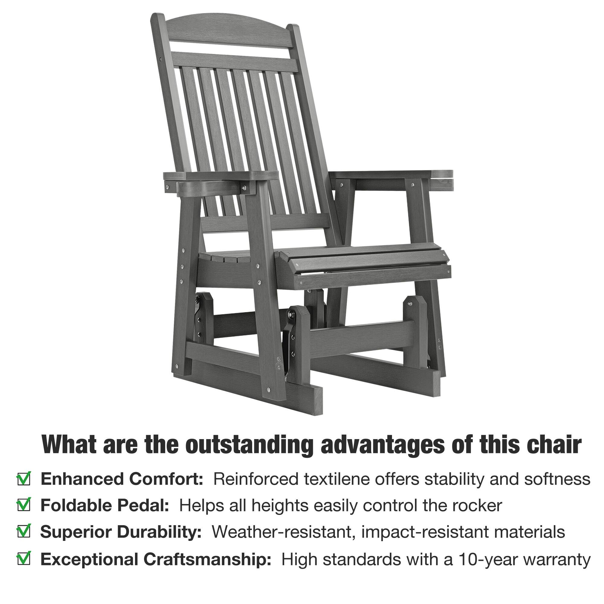 What are the outstanding advantages of this chair?

- Enhanced Comfort: Reinforced textilene offers stability and softness
- Foldable Pedal: Helps all heights easily control the rocker
- Superior Durability: Weather-resistant, impact-resistant materials
- Exceptional Craftsmanship: High standards with a 10-year warranty