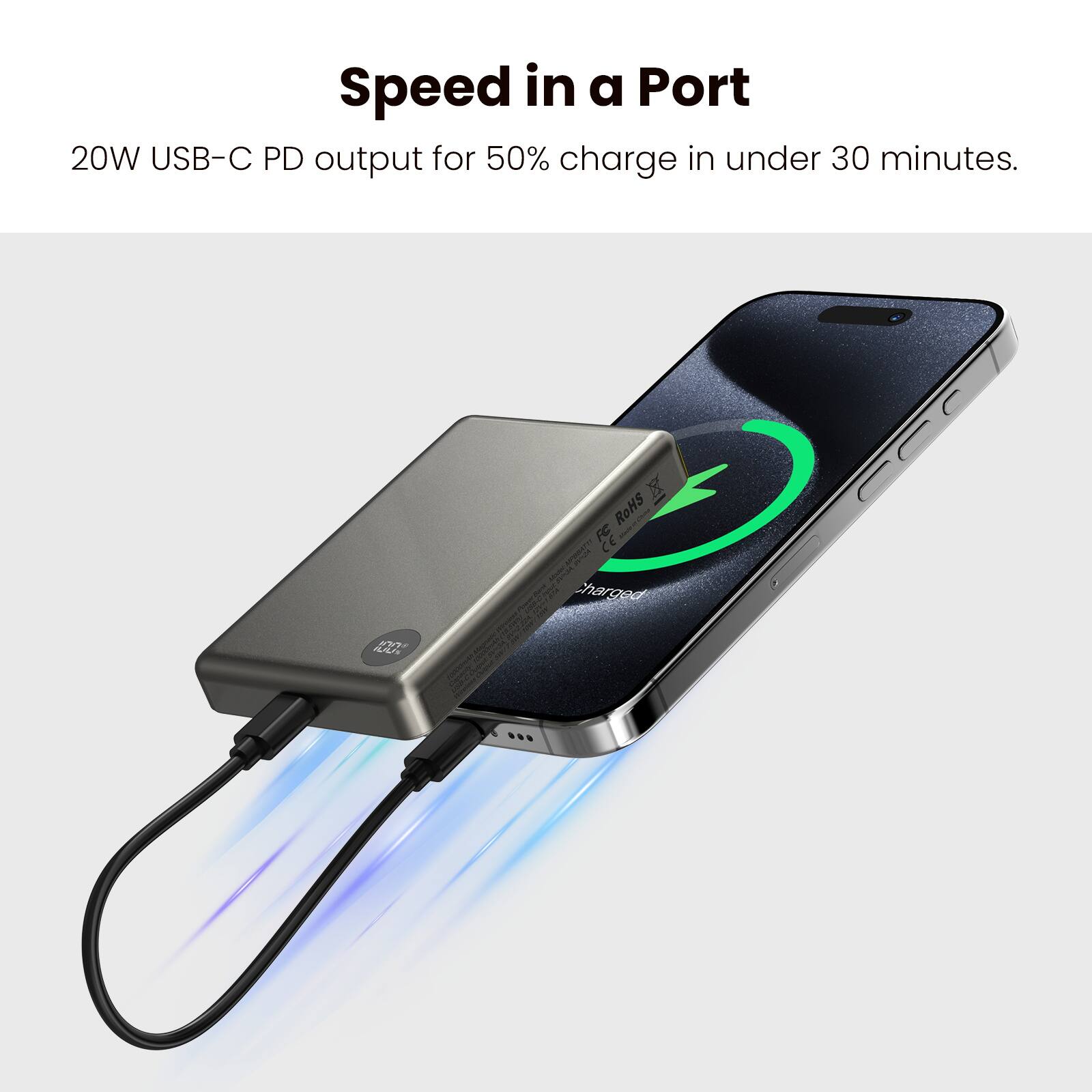 Speed in a Port

20W USB-C PD output for 50% charge in under 30 minutes.