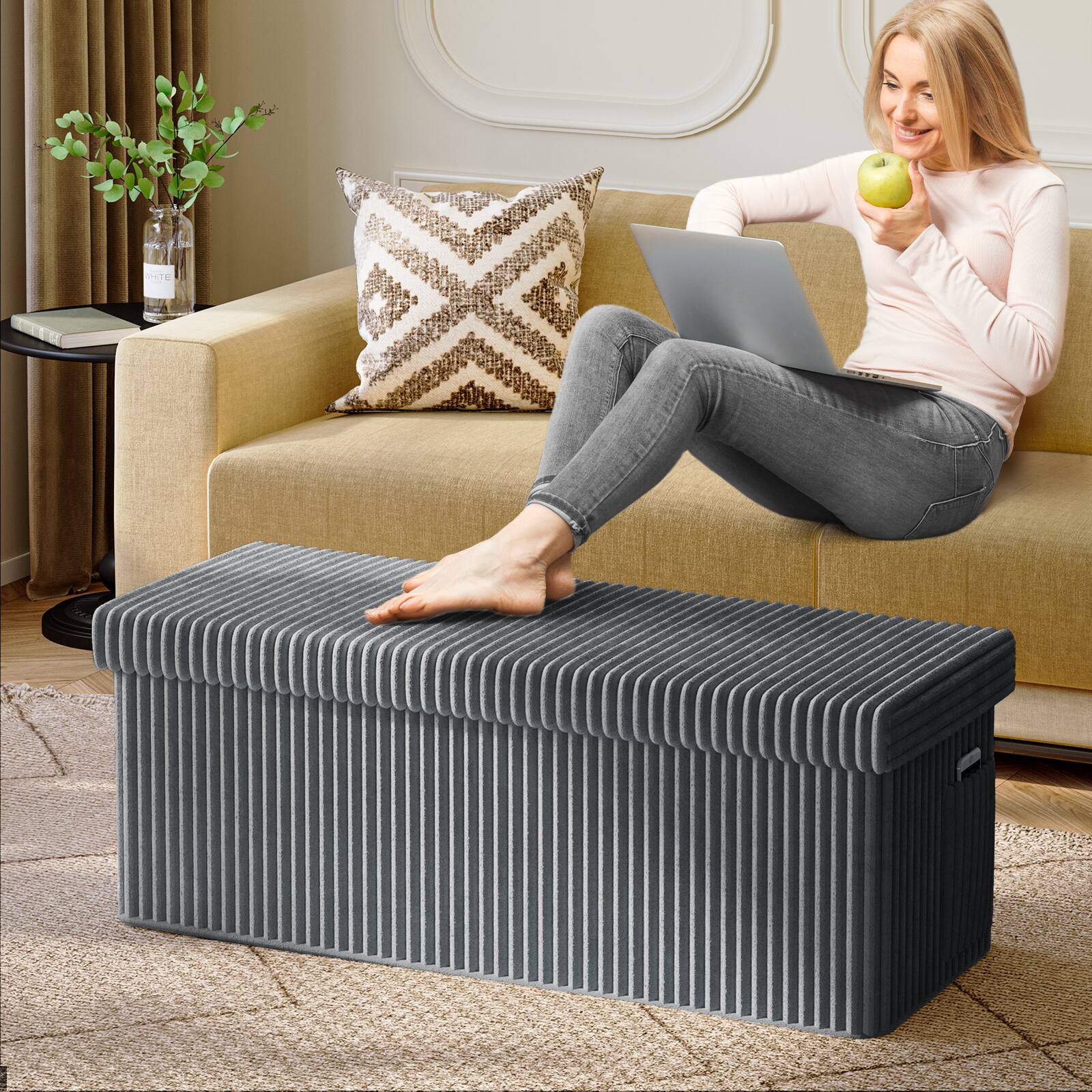 Left. Pinmoco - Pinmoco- Corduroy Ottoman Plush Foldable Bench with Free Cozy Blanket - Dark Gray.
