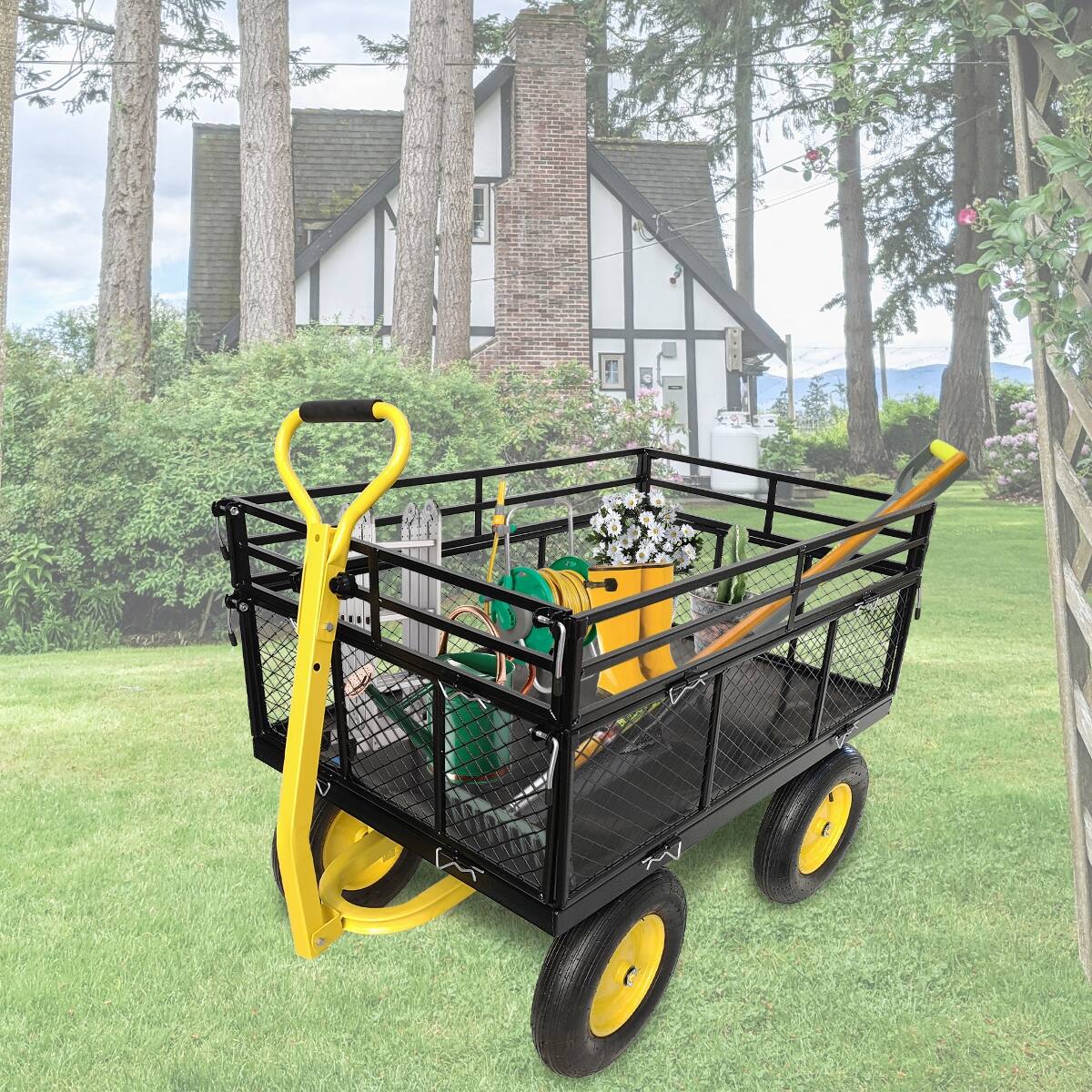 Alt View 9. Loheer - Loheer Heavy Duty Steel Garden Cart, 1400 lb Capacity, Convertible Flatbed Wagon with Removable Mesh Sides.