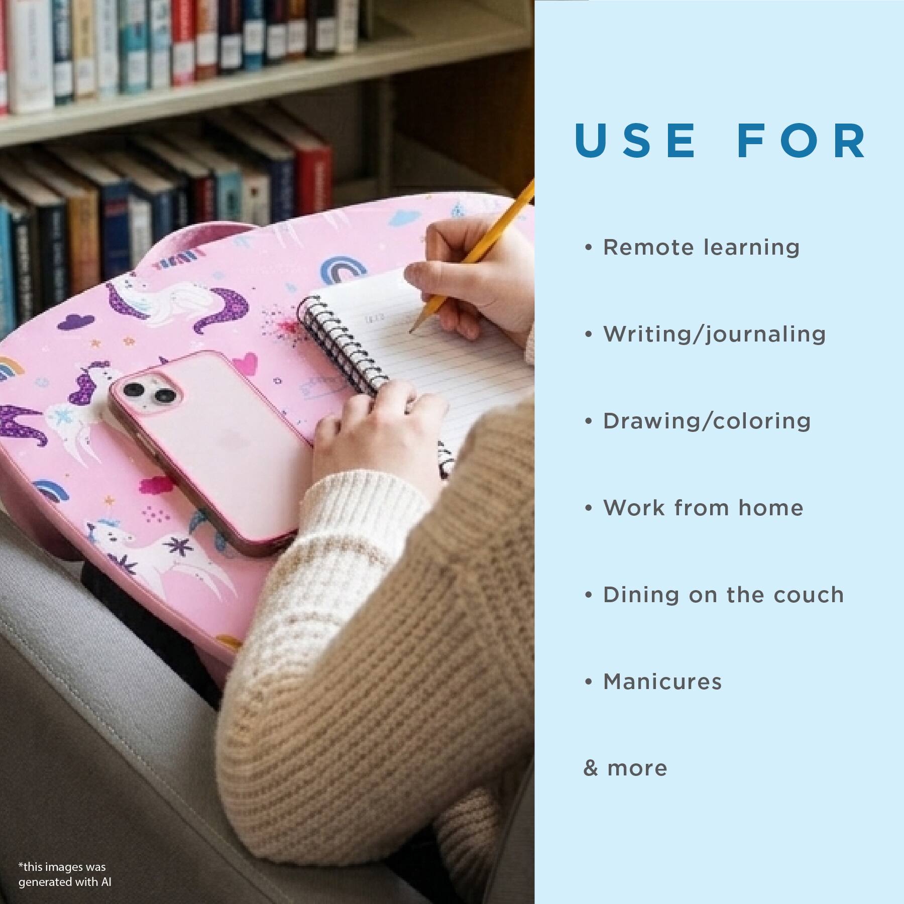 USE FOR

- Remote learning
- Writing/journaling
- Drawing/coloring
- Work from home
- Dining on the couch
- Manicures
- & more

*This image was generated with AI