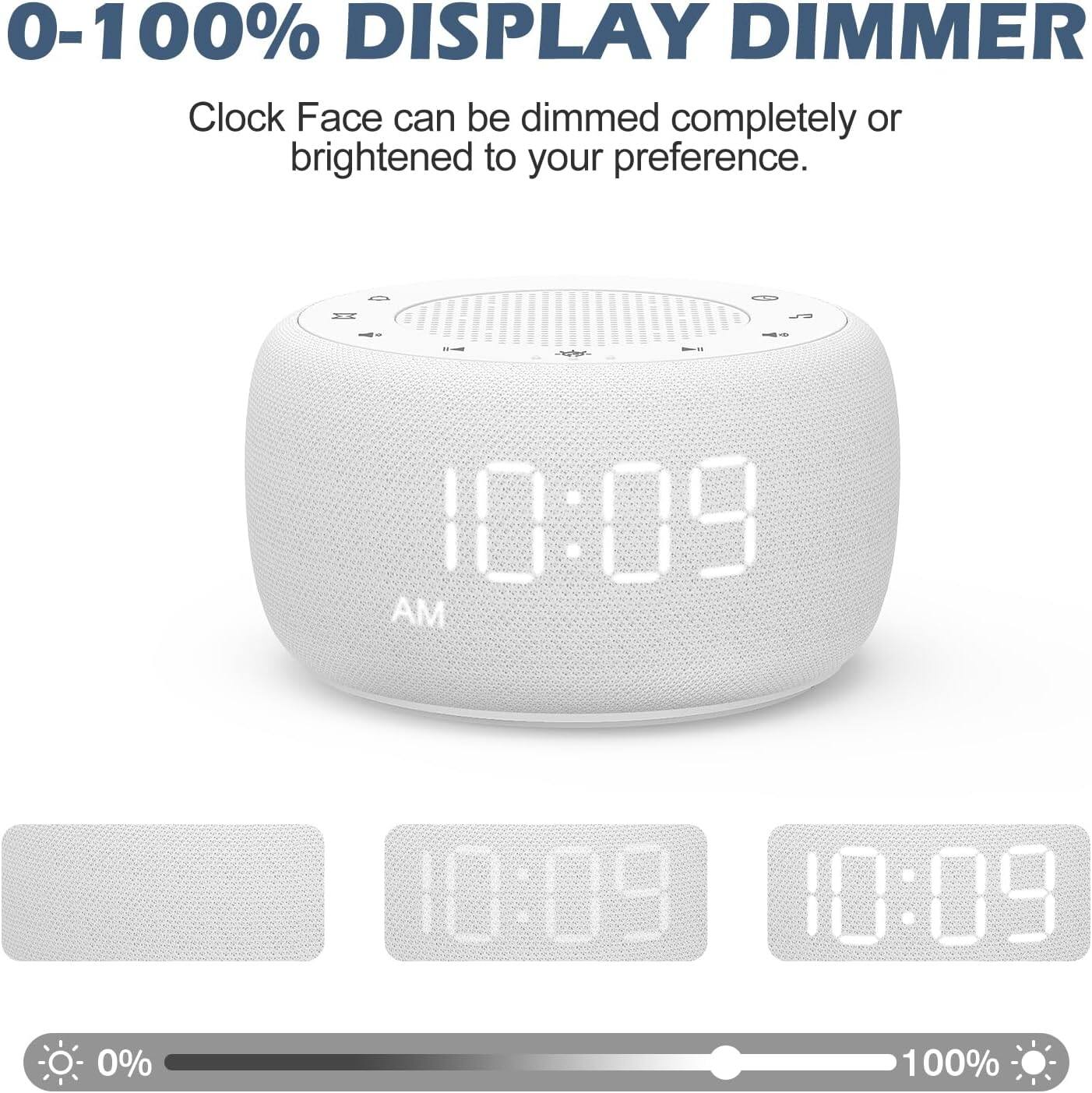 0-100% DISPLAY DIMMER  
Clock Face can be dimmed completely or brightened to your preference.  
- E  
10:09  
I AM  
10:09  
10:09  
0%  
100%