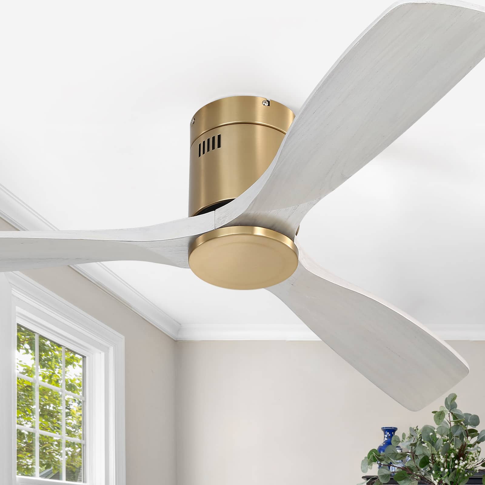Sofucor - Gold Ceiling Fan No Light 52" 3 Blades Modern Room Remote Control Timer Reversible Bedroom Flush Mount Ceiling Fan - Gold Light Grey