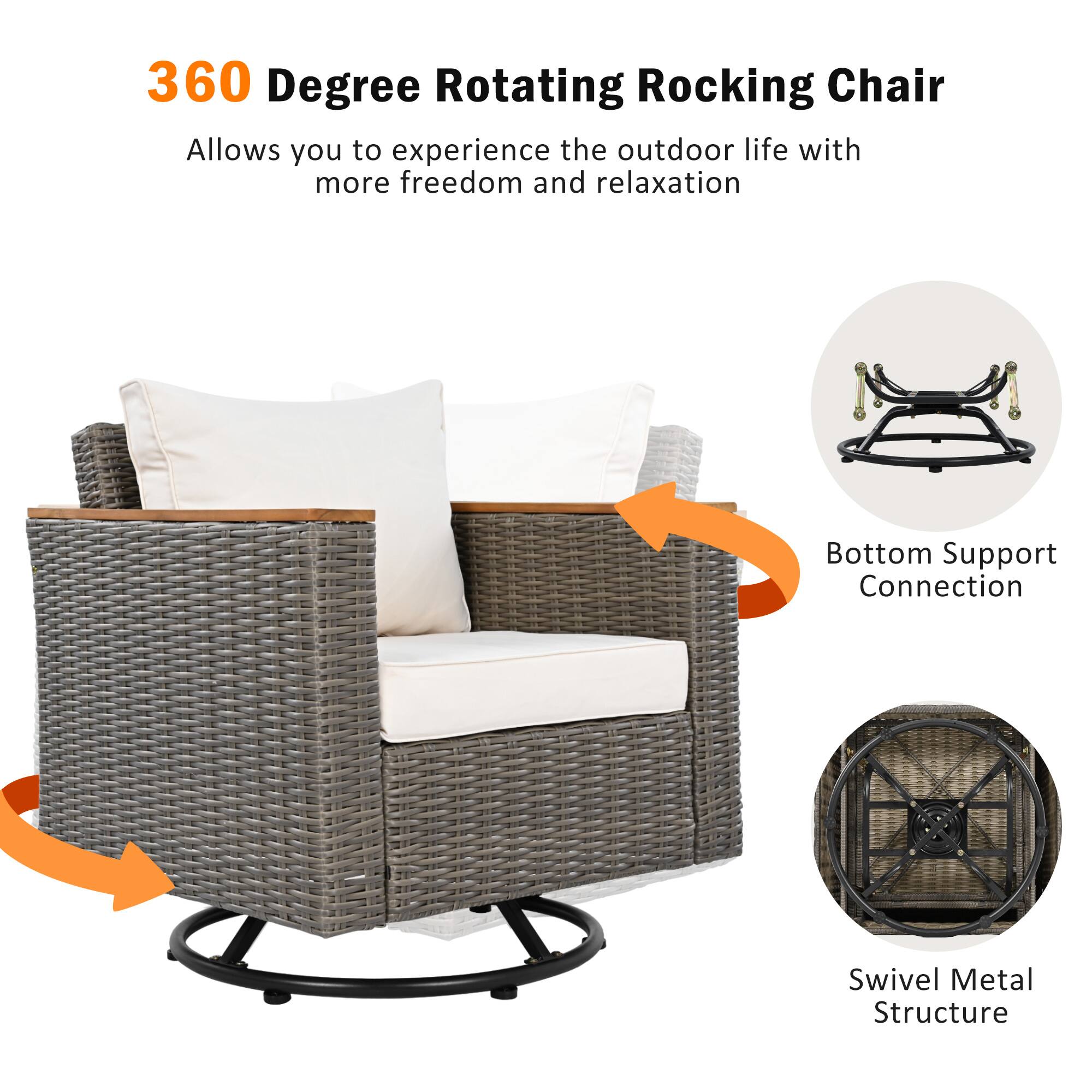 360 Degree Rotating Rocking Chair

Allows you to experience the outdoor life with more freedom and relaxation

- Bottom Support Connection
- Swivel Metal Structure