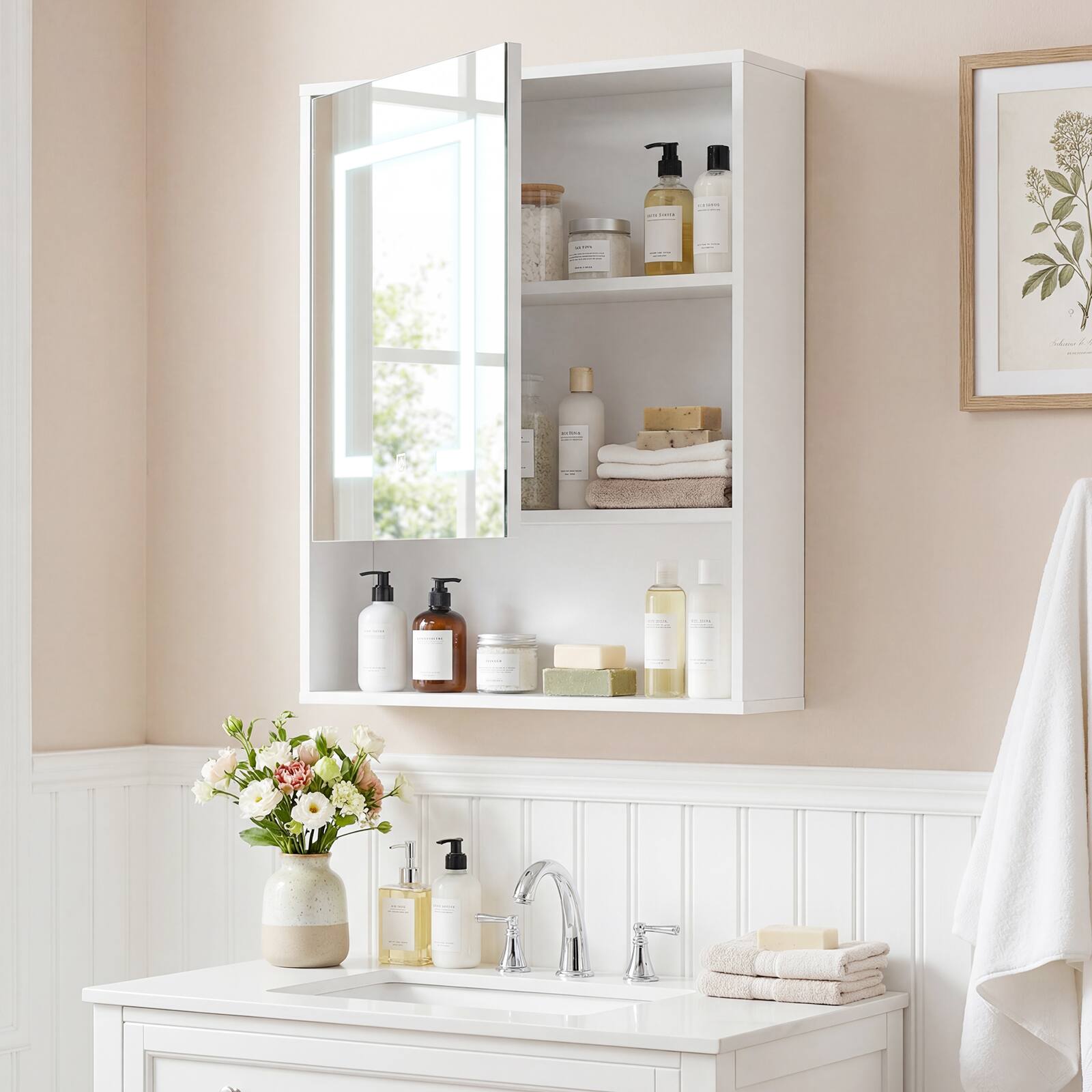 Alt View 1. Costway - Costway 24" x 18" Medicine Cabinet with Mirror Lights Adjustable Shelf Lighted Wall Cabinet - White.