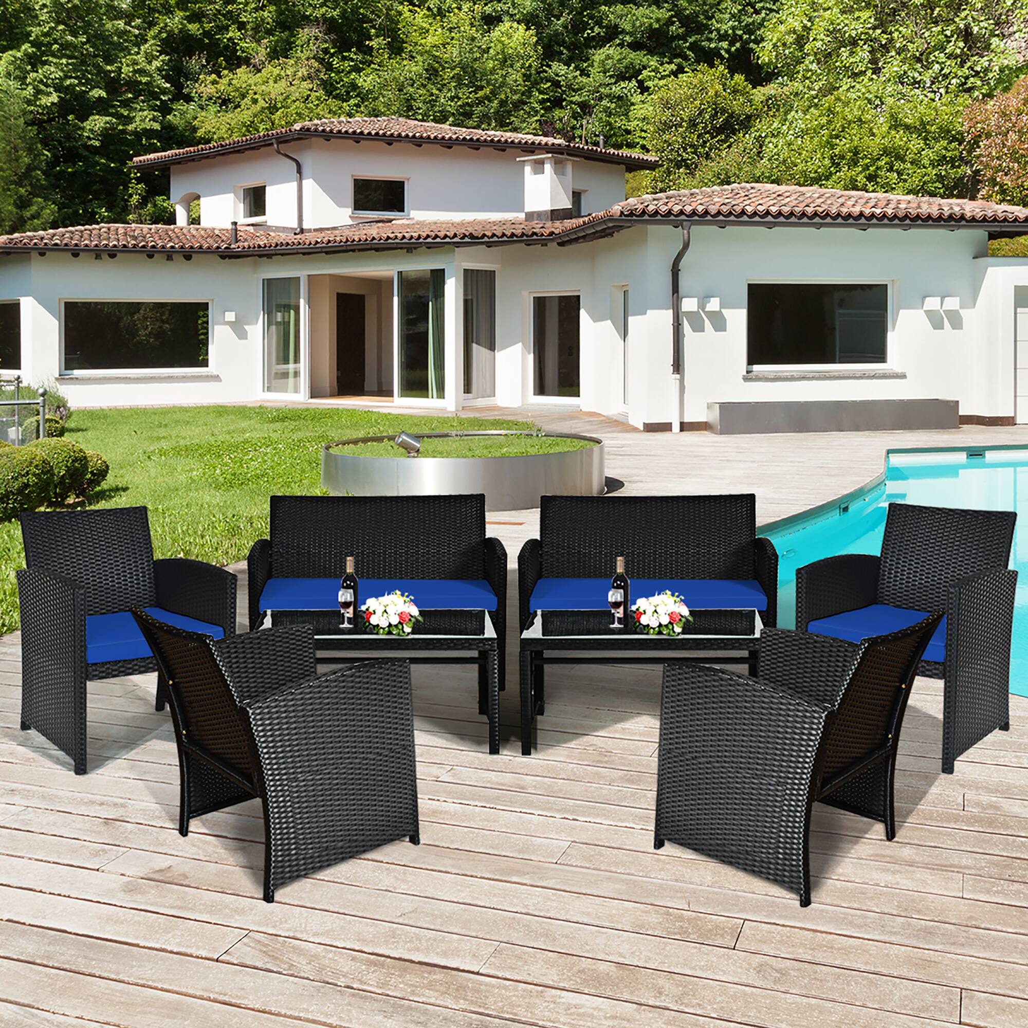Alt View 1. Costway - Costway 8PCS Patio Rattan Furniture Conversation Set Cushion Sofa Table Garden - Navy.