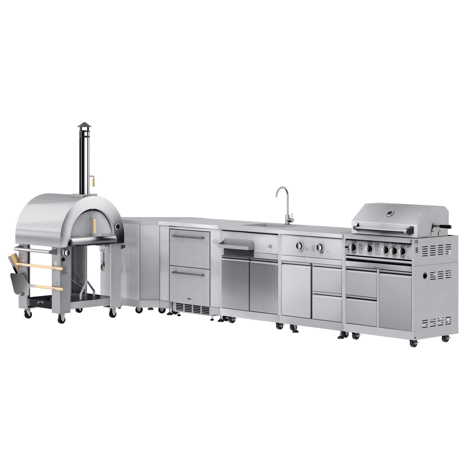 Koolmore - Dual Fuel Pizza Oven, Corner Cabinet, Refrigerator and Cabinet, Sink, Side Burner and 30 in. BBQ Grill with Cabinet - Stainless Steel